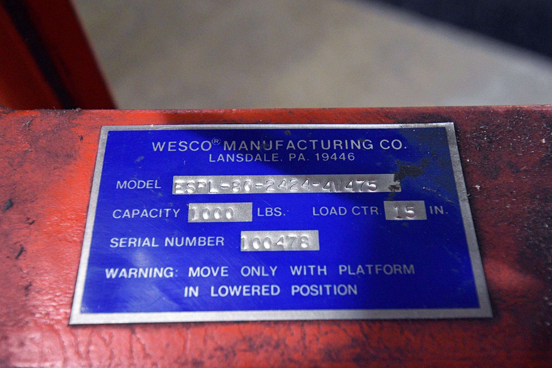 Wesco model ESPL-80-2424-4W475 portable hydraulic lift, s/n 100476, 1,000 lb. capacity - Image 3 of 3