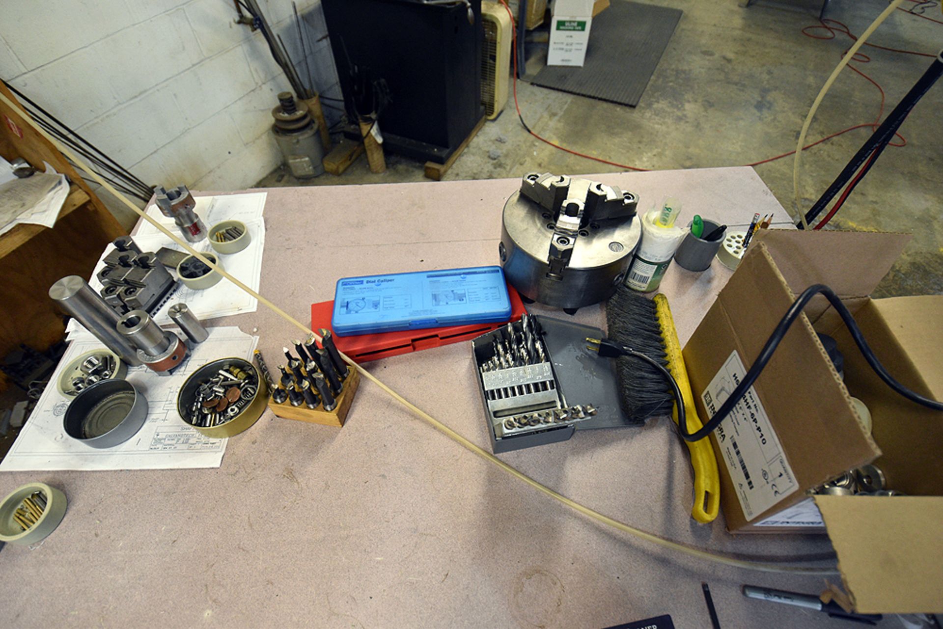 Contents of Work Area (Ass't Chucks, Drill Bits, Bench Vise, Arbor Press, Cabinet, Work Benches, - Image 3 of 15