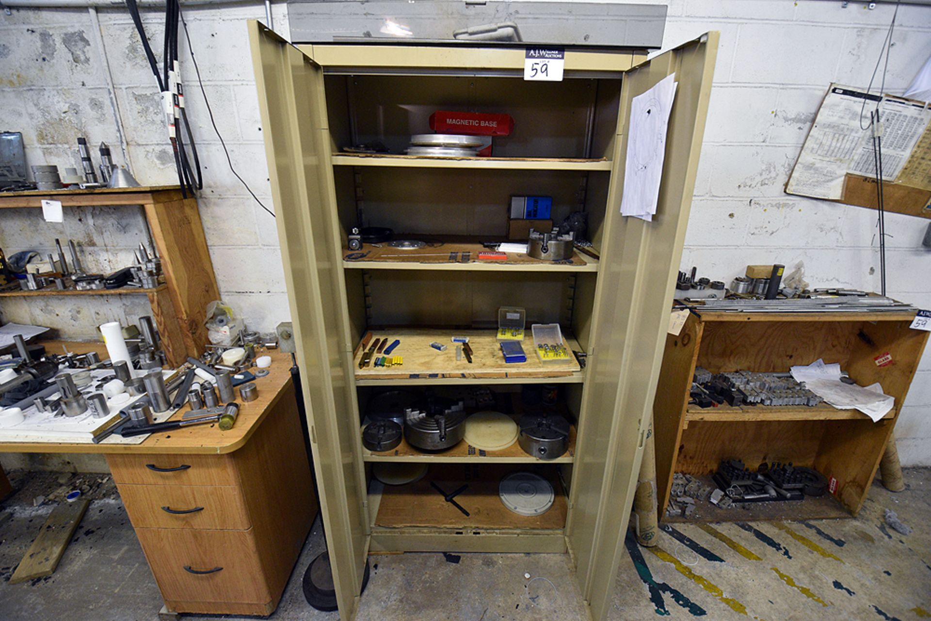 Contents of Work Area (Ass't Chucks, Drill Bits, Bench Vise, Arbor Press, Cabinet, Work Benches, - Image 8 of 15