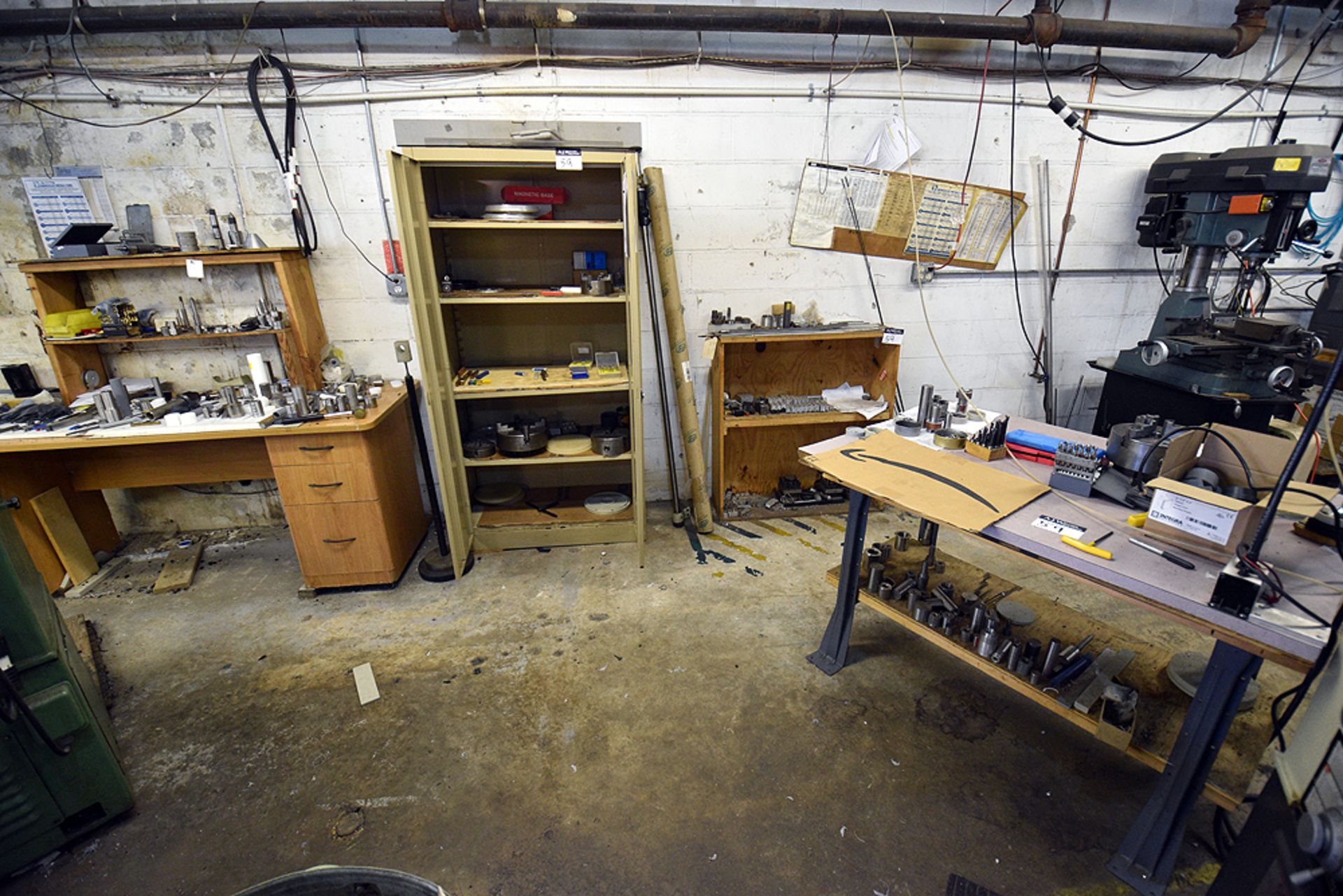 Contents of Work Area (Ass't Chucks, Drill Bits, Bench Vise, Arbor Press, Cabinet, Work Benches,