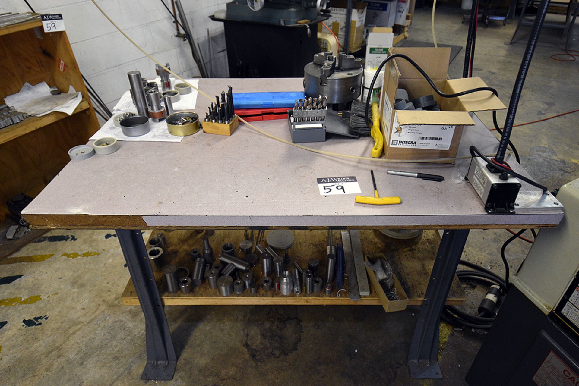 Contents of Work Area (Ass't Chucks, Drill Bits, Bench Vise, Arbor Press, Cabinet, Work Benches, - Image 2 of 15