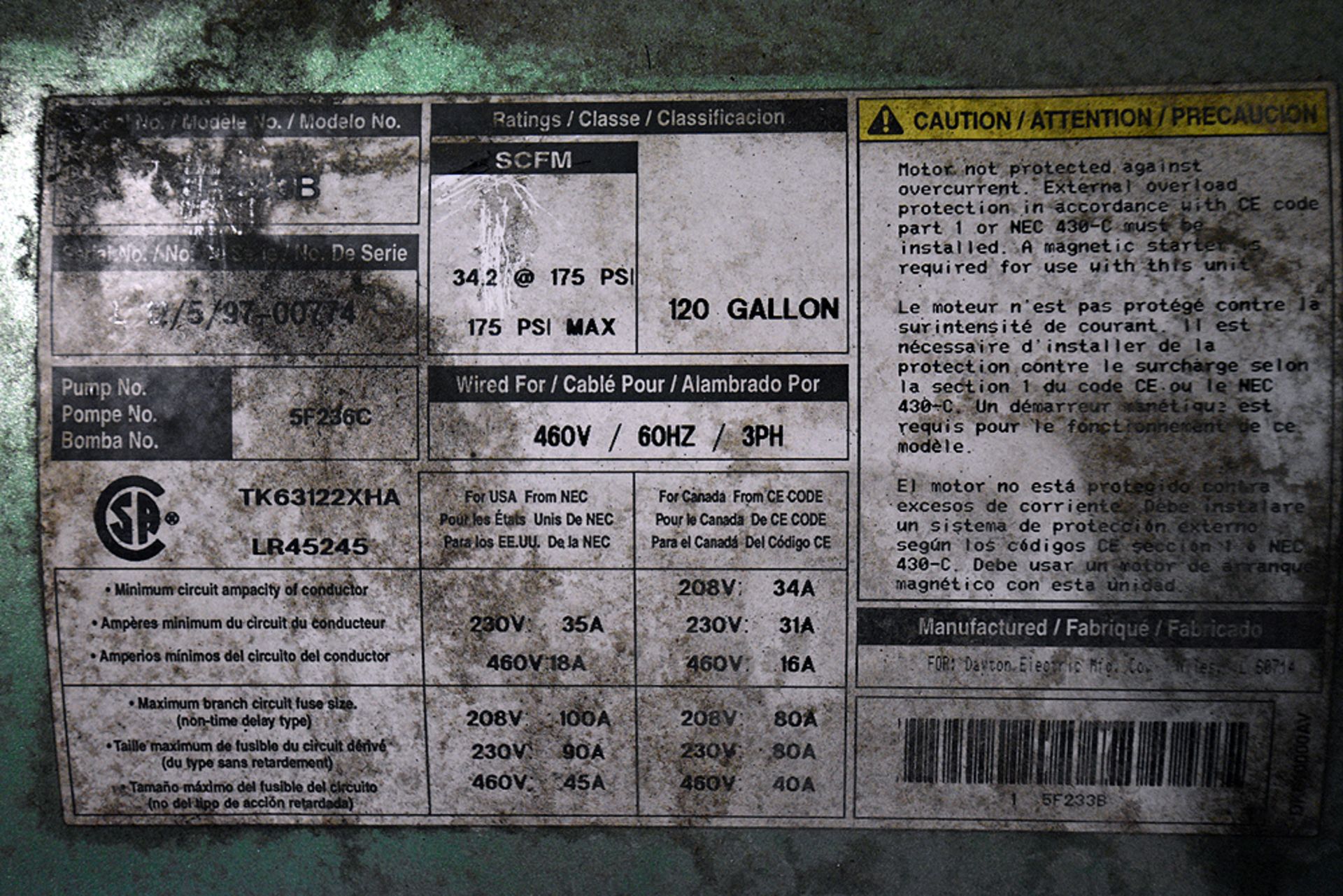 Speedaire model 5F233B cast iron series air compressor, s/n L12/5/97/00774, w/ 10 H.P. motor, w/ 120 - Image 3 of 5