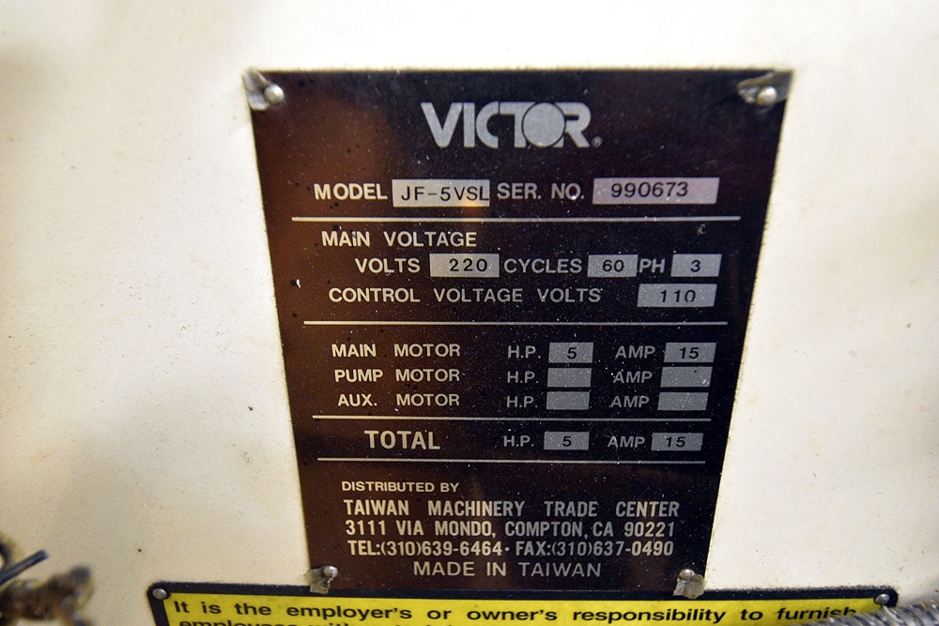 Victor model JF-5VSL vertical milling machine, s/n 990673, w/ 5 H.P. head, w/ 12” x 58” T-slotted - Image 10 of 10