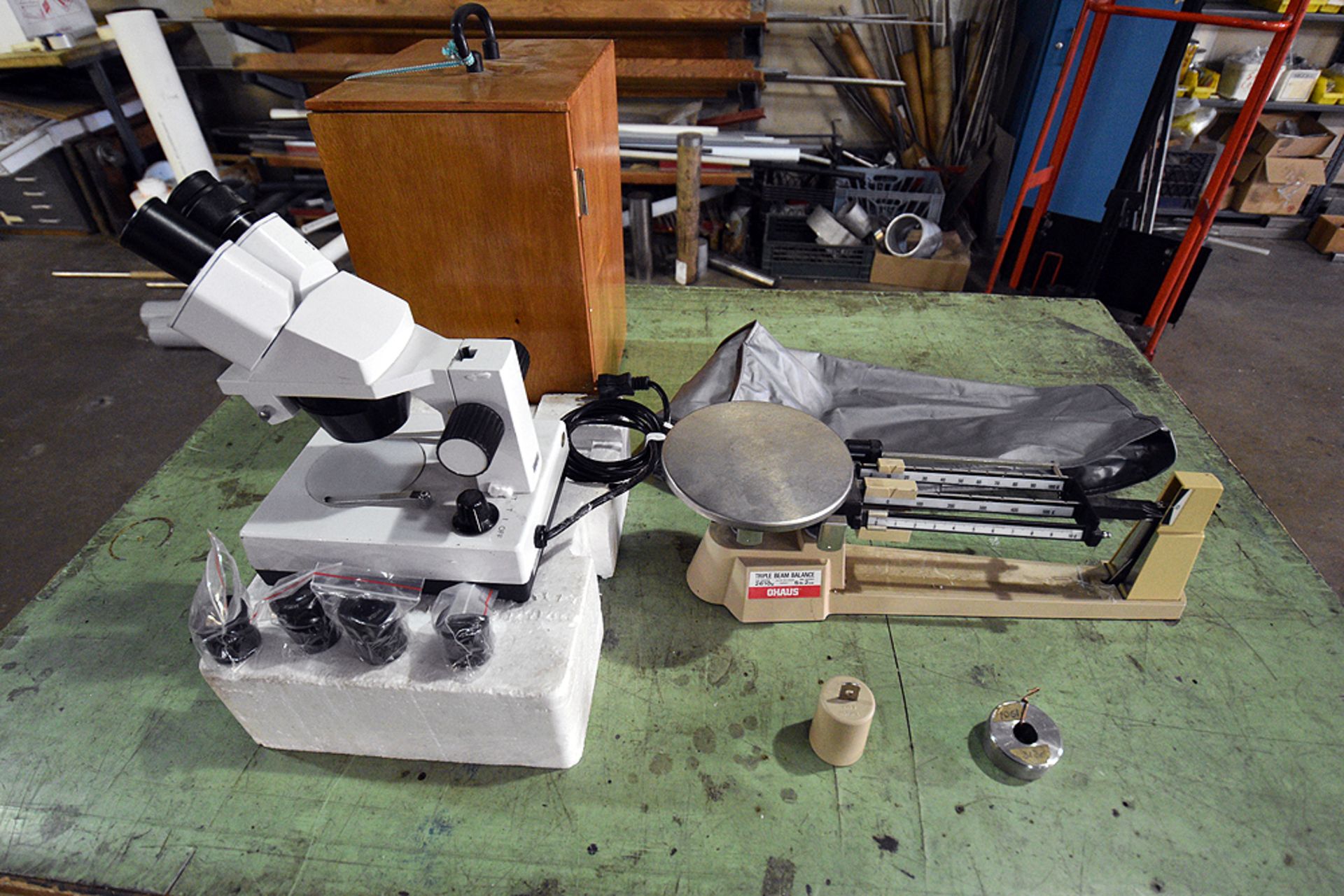 (1) Microscope w/ Lenses and (1) Triple Beam Balance Scale w/ Weights