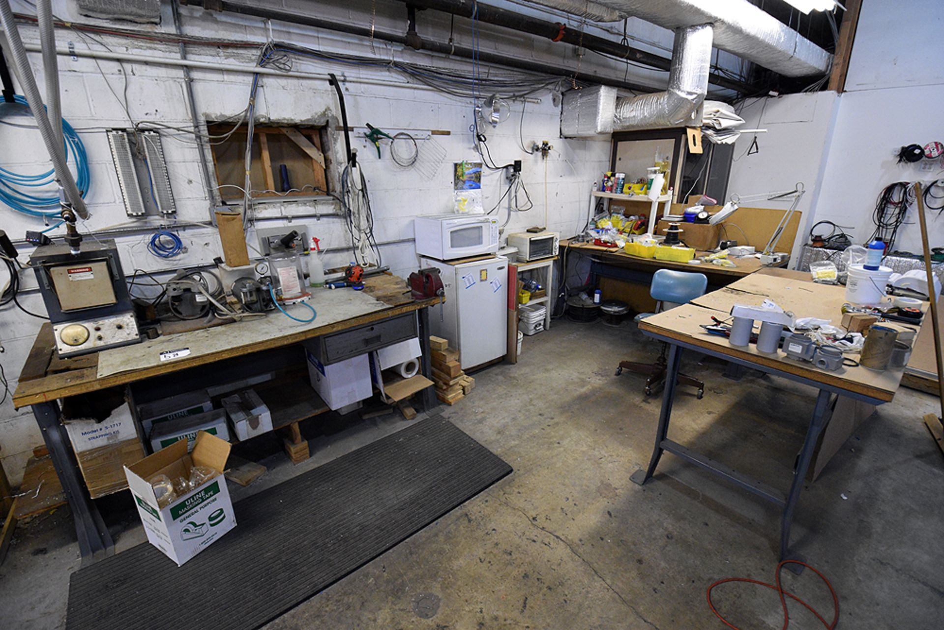 Contents of Work Area (Tools, Work Benches, Hardware, Bench Vise, Microwave, Mini Fridge, etc.) (