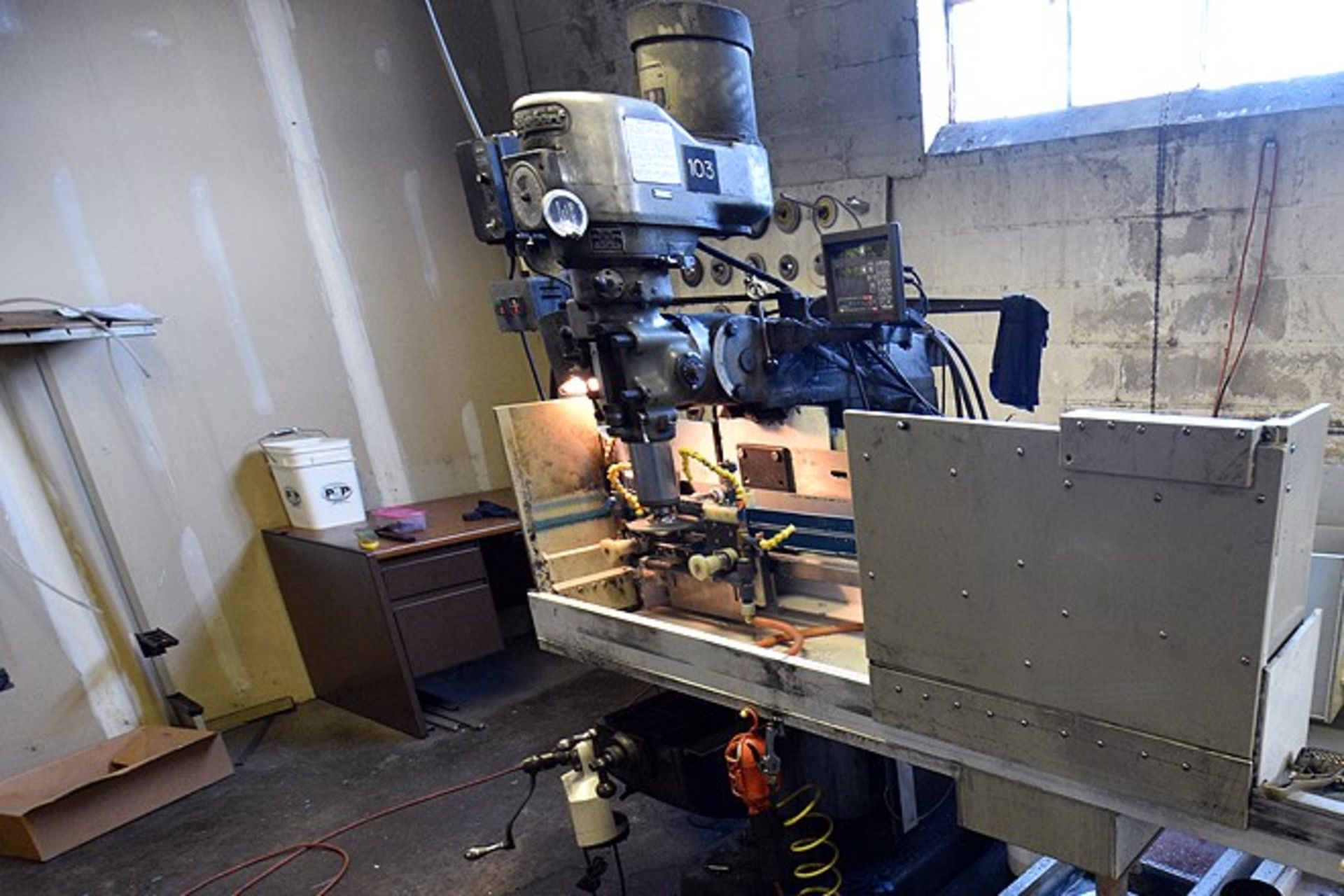 Bridgeport vertical milling machine, s/n 12BR-133436, w/ 1 ½ H.P. head, s/n J116769, w/ 9” x 42” T-