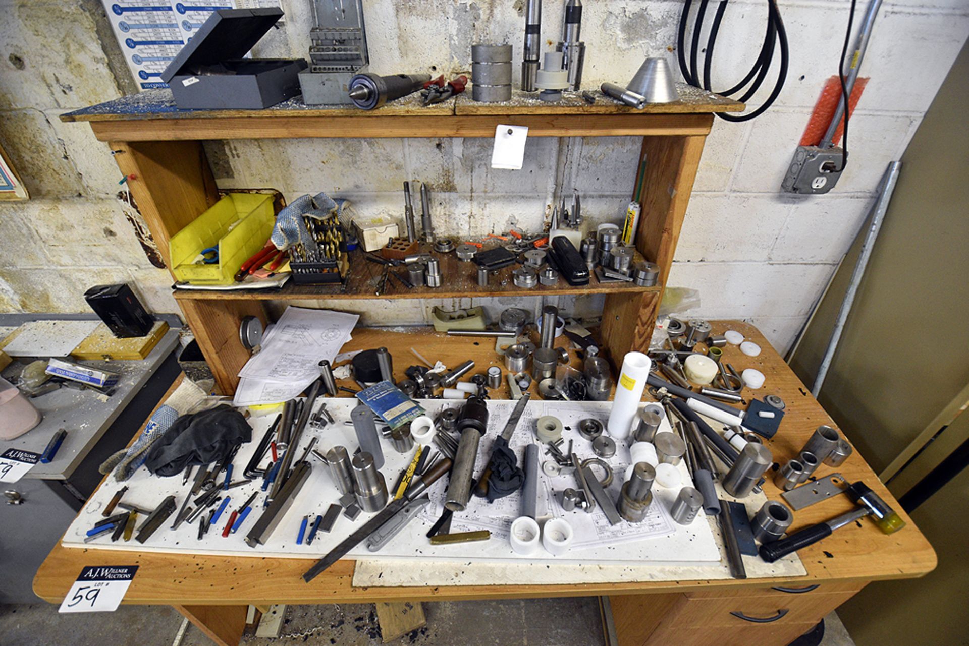 Contents of Work Area (Ass't Chucks, Drill Bits, Bench Vise, Arbor Press, Cabinet, Work Benches, - Image 14 of 15