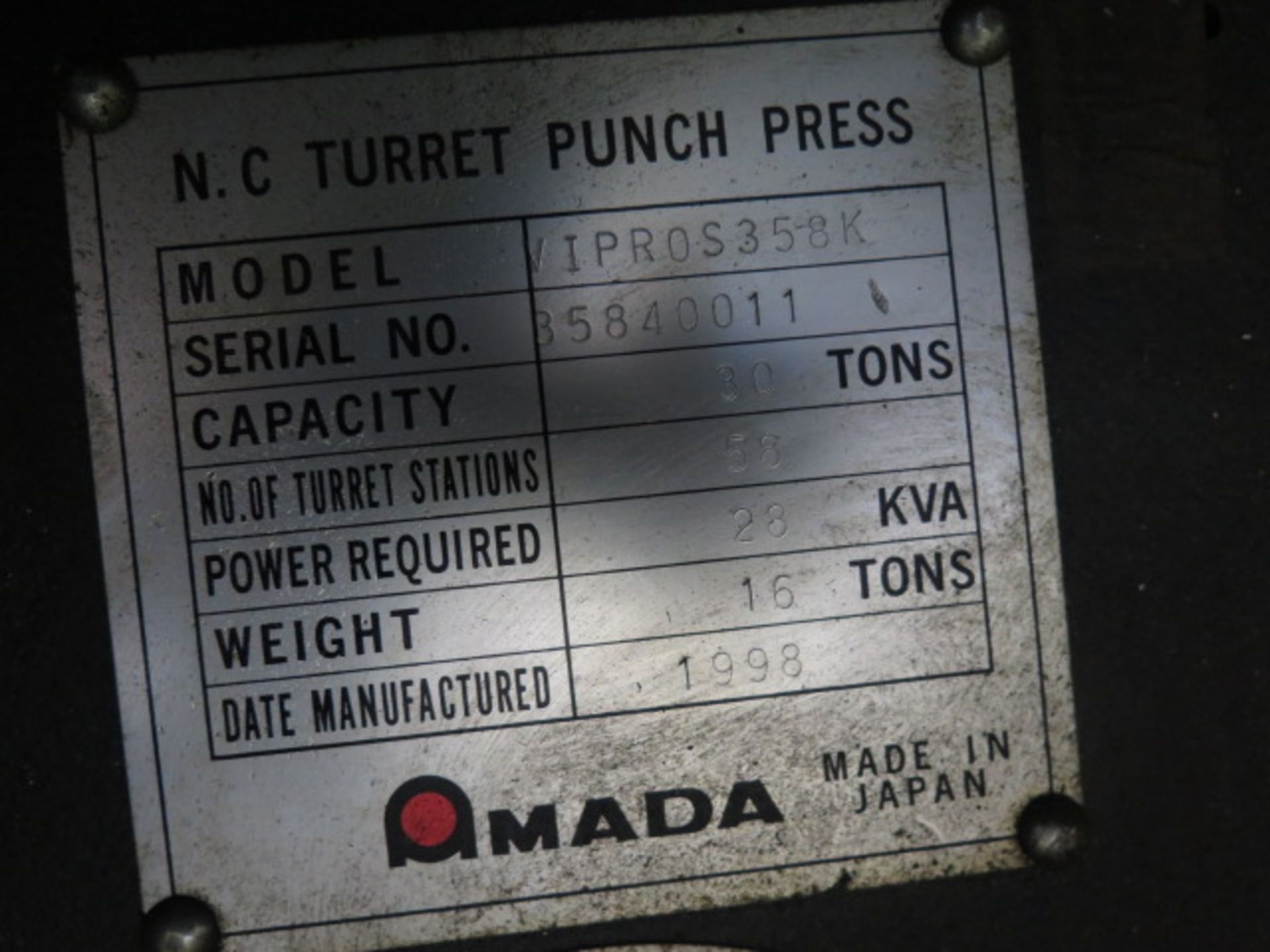 1998 Amada VIPROS 358 King 30 Ton 58-Station CNC Turret Punch Press s/n 35840011 (Recently Factory - Image 16 of 16