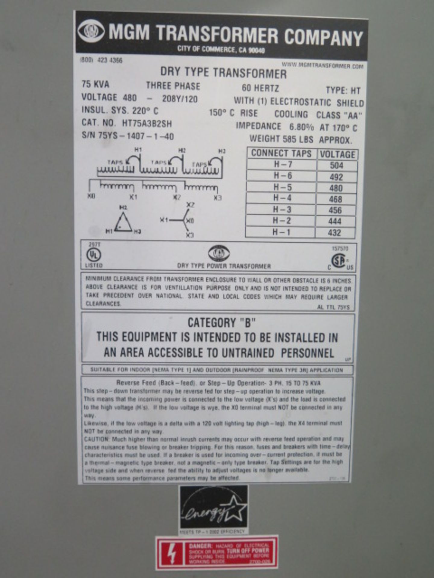 MGM Transformers 480-208Y/120 Volt Transformer - Image 2 of 2