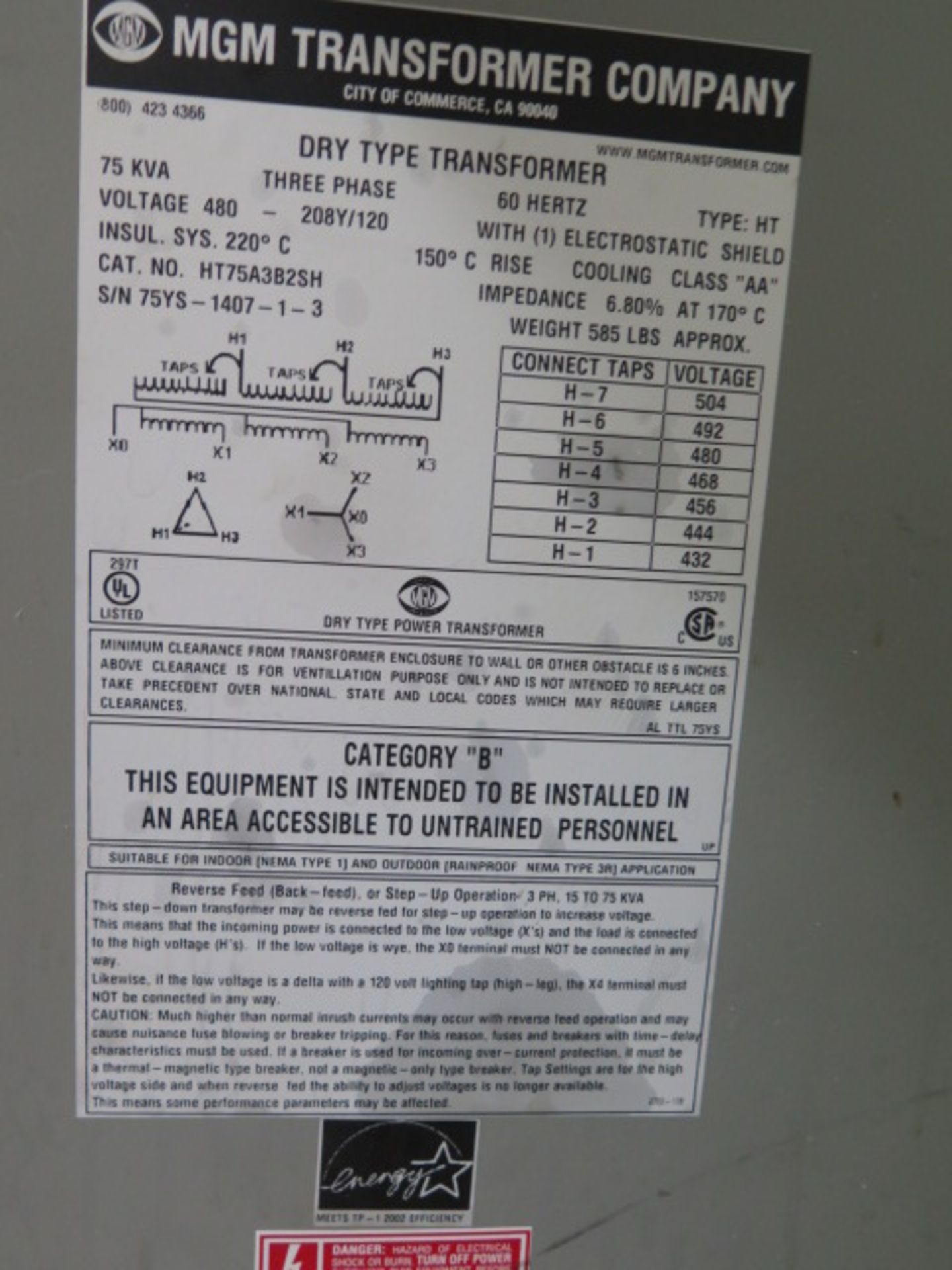 MGM Transformers 480-208Y/120 Volt Transformer - Image 2 of 2