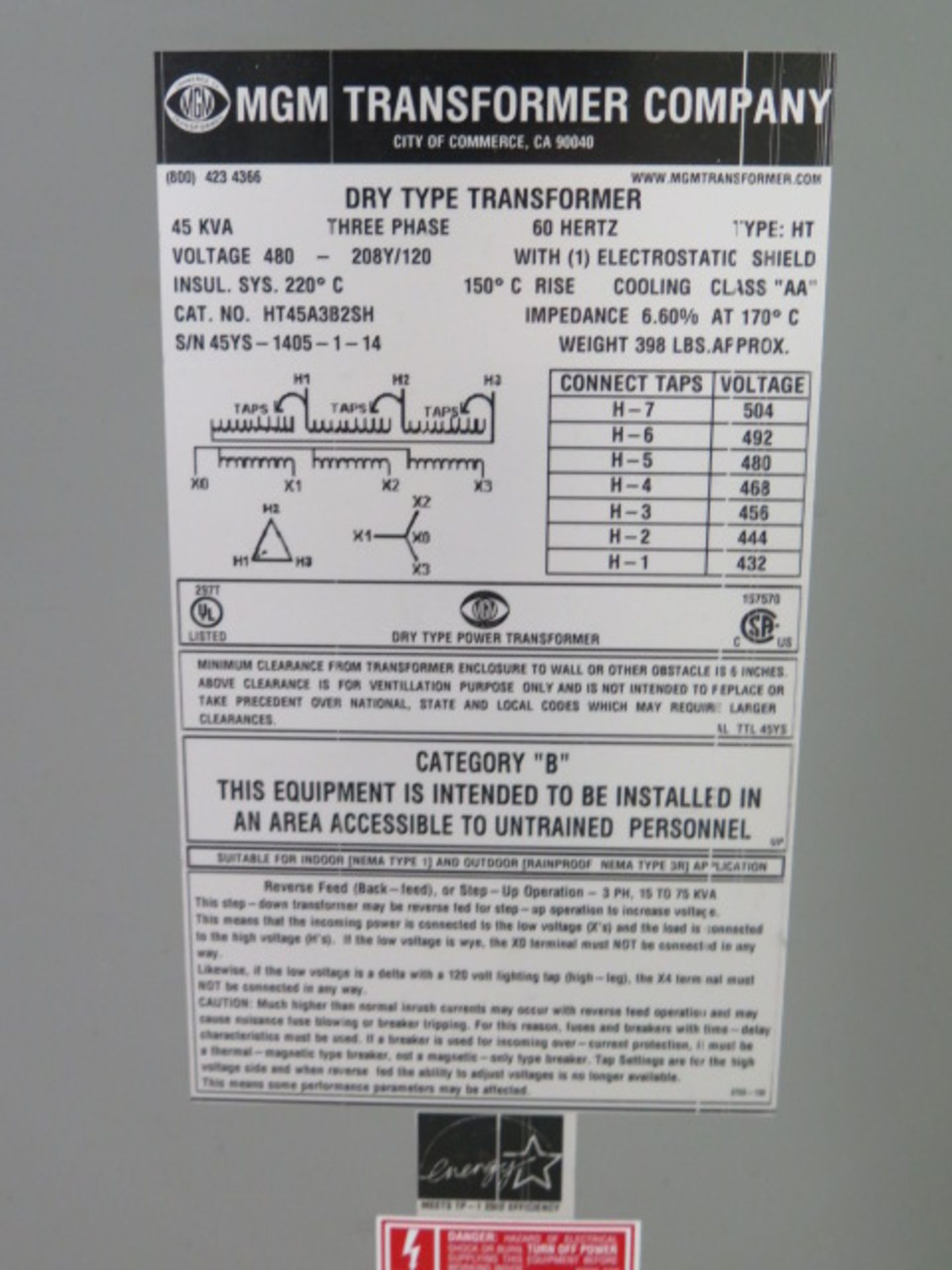 MGM Transformers 480-208Y/120 Volt Transformer - Image 2 of 2
