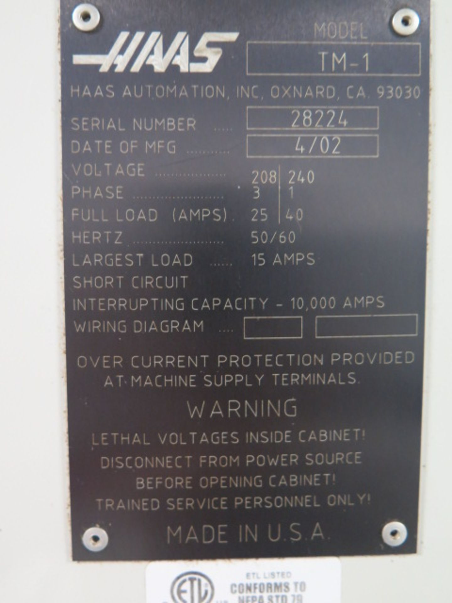 2002 Haas TM-1 CNC Tool Room Mill s/n 28224 w/ Haas Controls, 10-Station ATC, CAT-40 Taper - Image 9 of 9