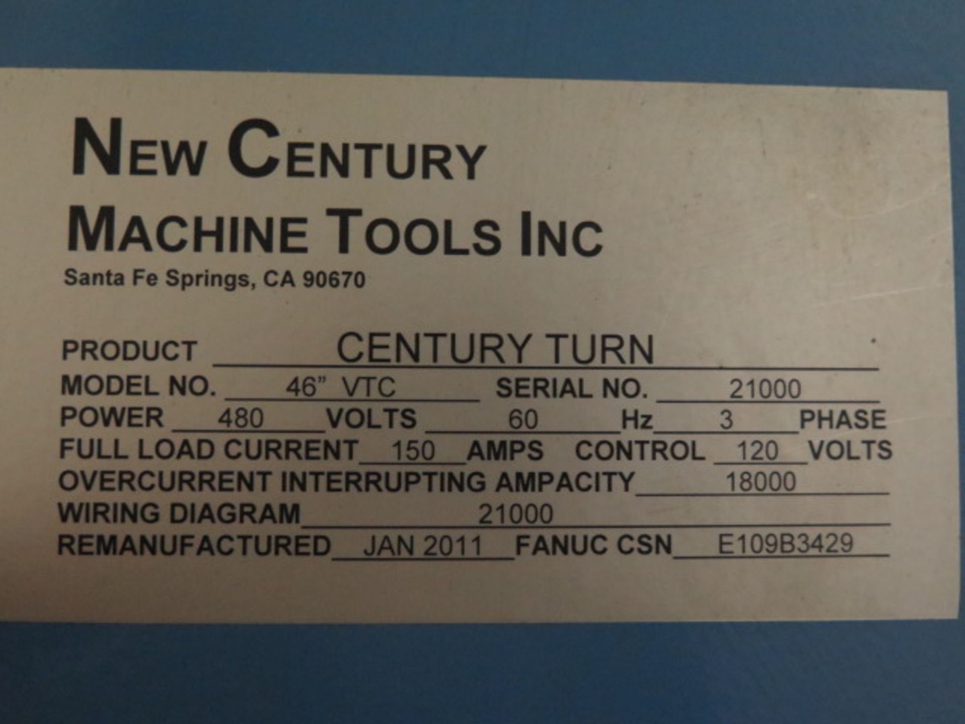 2011 New Century "Century Turn" 46" CNC Vertical Turning Center w/ Fanuc 0i-TD Controls, 12-ATC - Image 18 of 18