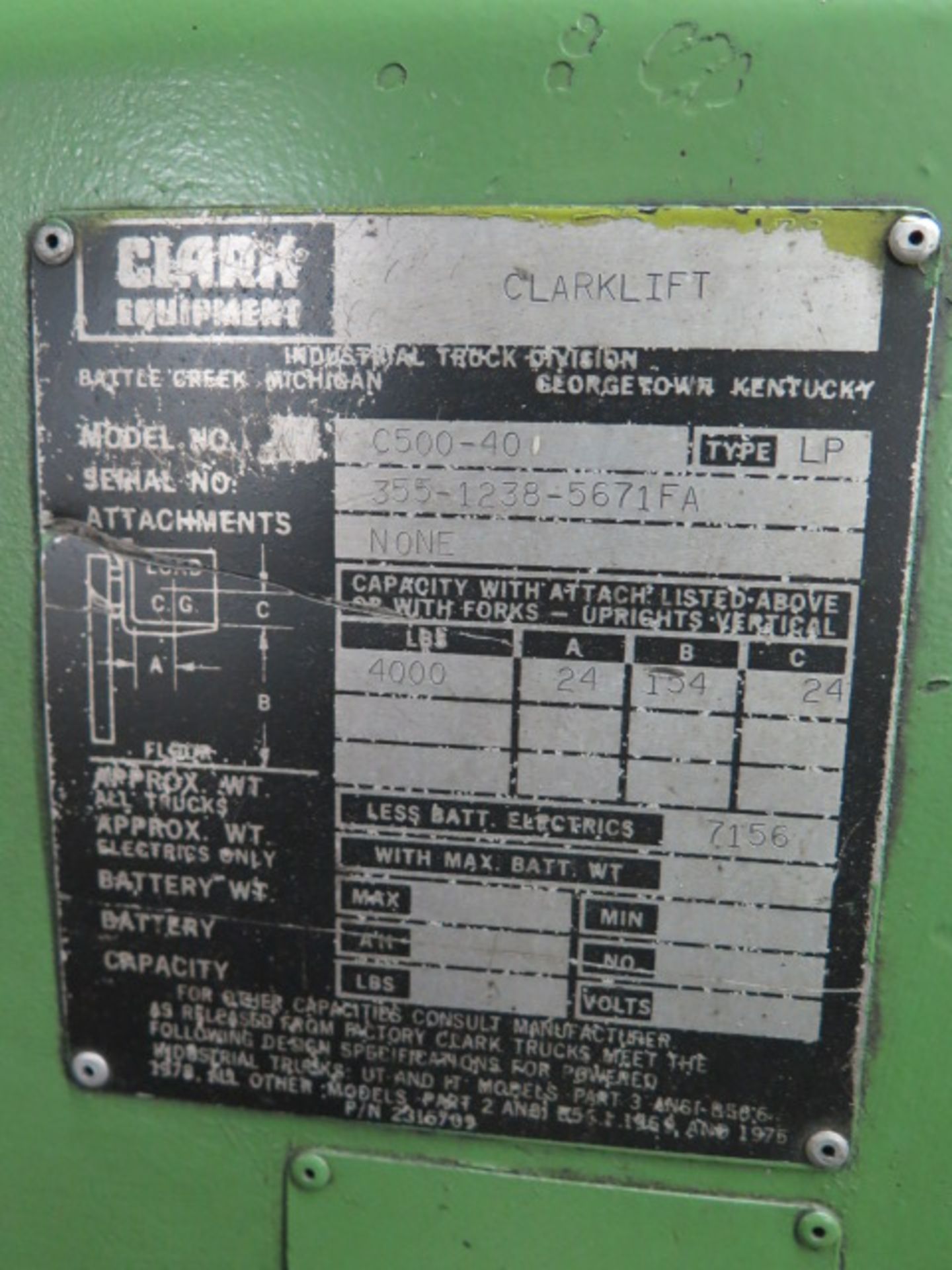 Clark C500-40 4000 Lb Cap LPG Forklift s/n 355-1238-5671FA w/ 2-Stage Mast, 154” Lift Height, - Image 8 of 8