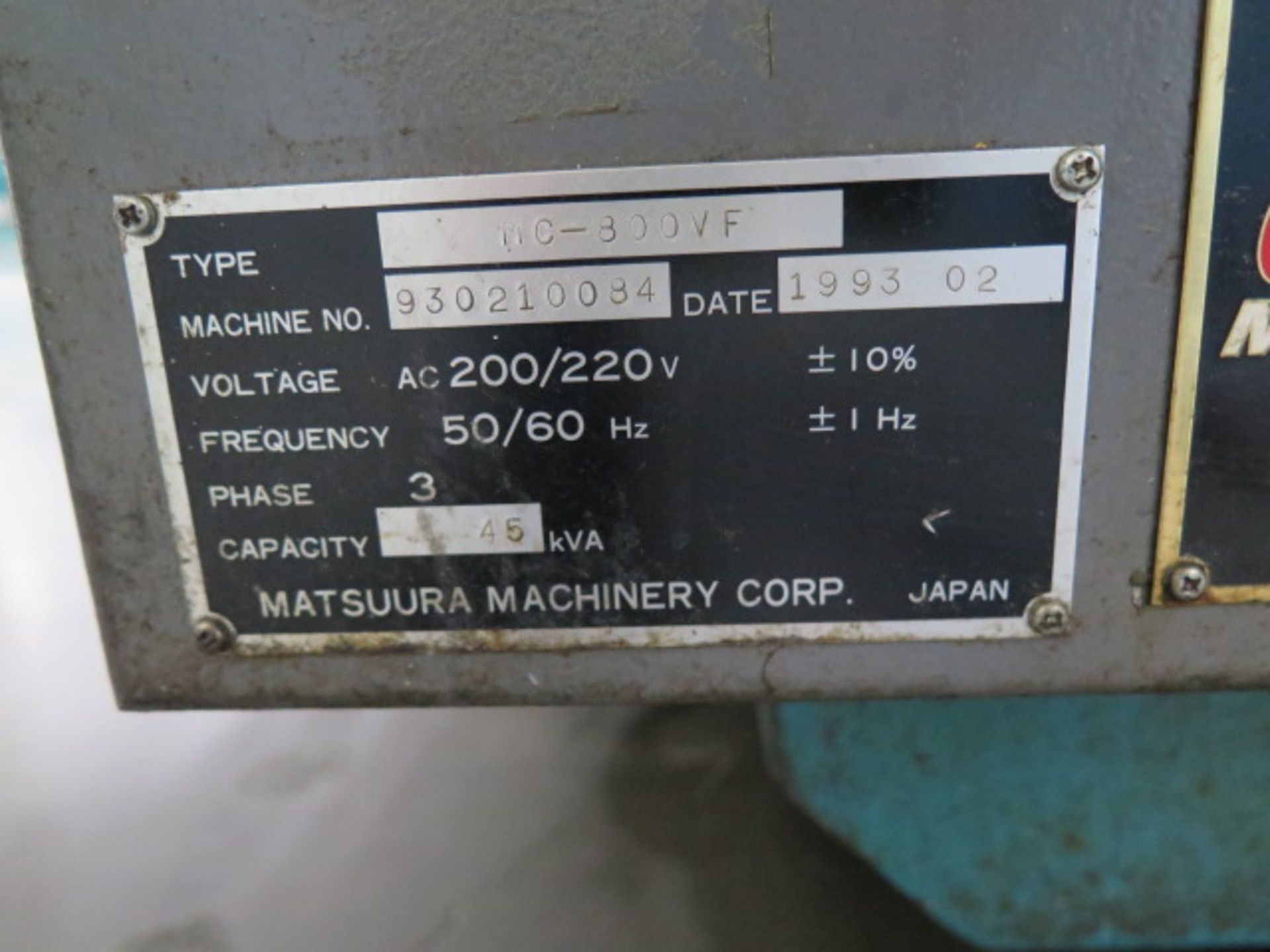 1993 Matsuura MC-800VF CNC Vertical Machining Center s/n 930210084 w/ Yasnac i-80 Controls, 30-Stat - Image 22 of 22