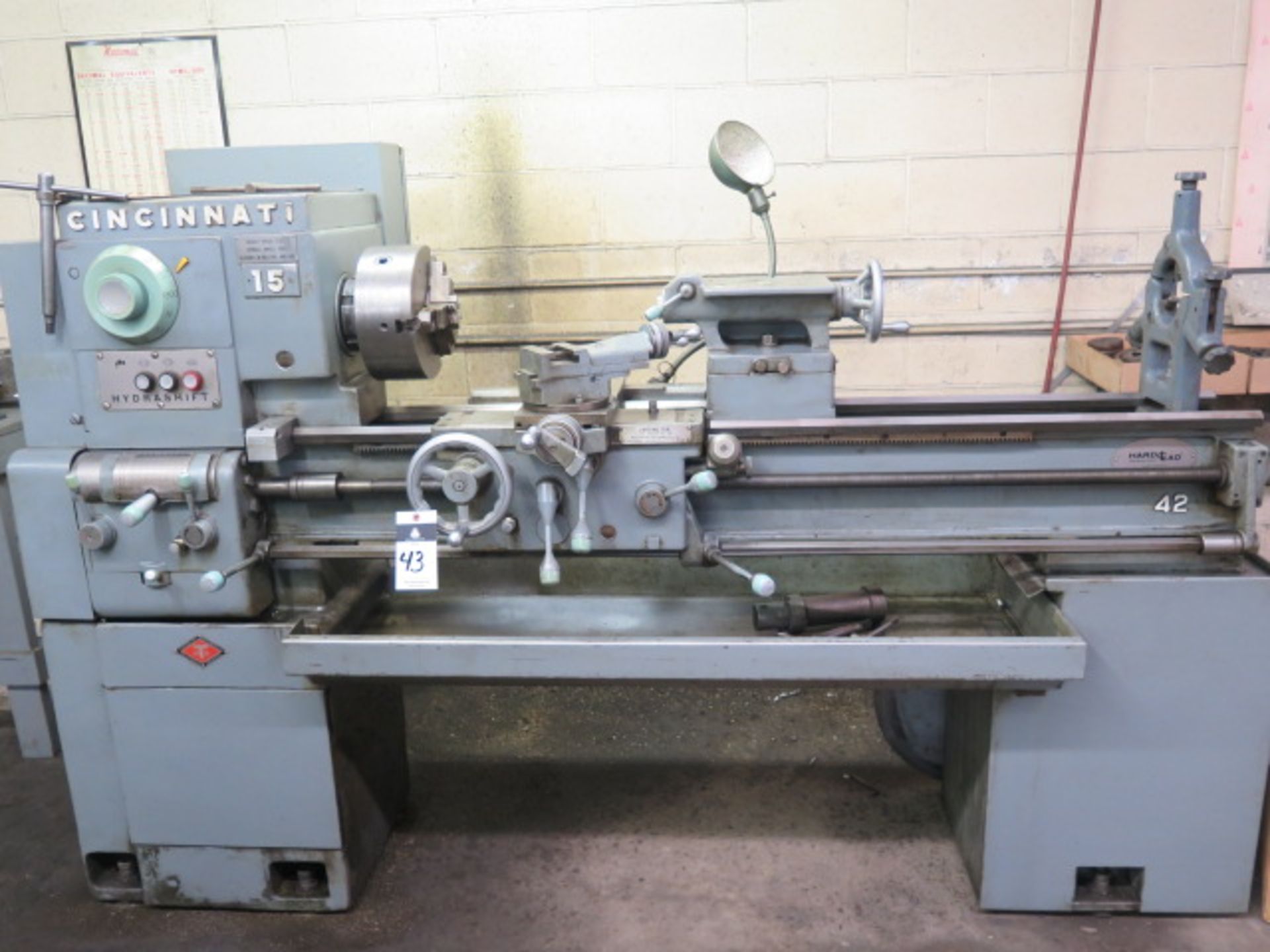 Cincinnati 15” x 48” Geared Head Lathe s/n 5501R25V-0020 w/ 53-1800 Dial Hydrashift RPM, Inch