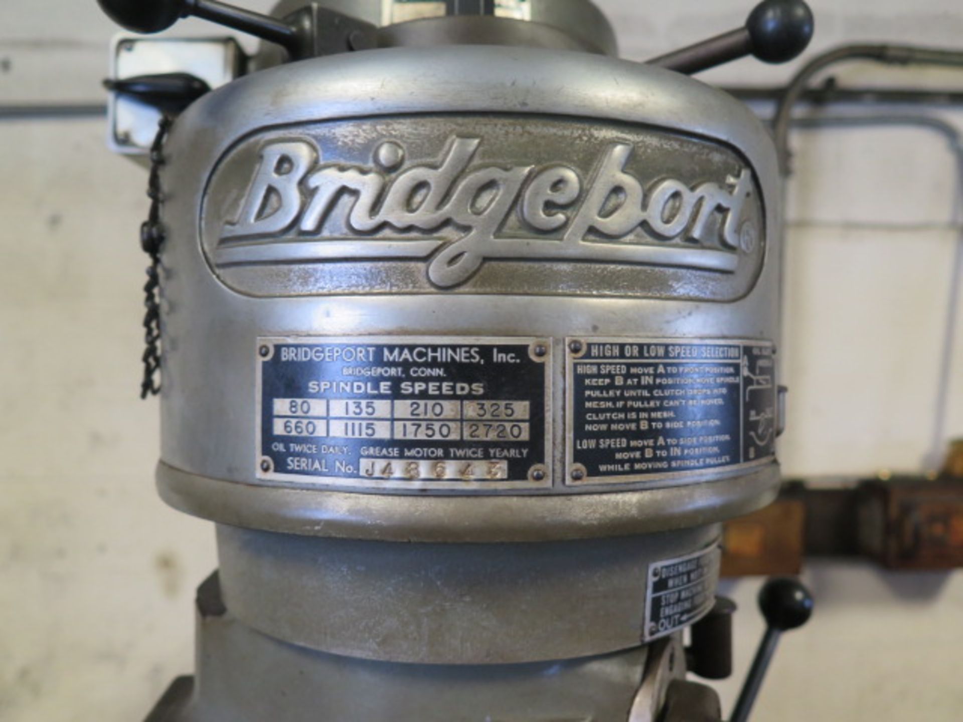 Bridgeport Vertical Mill s/n 58747 w/ 1Hp Motor, 80-2720 RPM, 9’ x 42” Table - Image 3 of 8