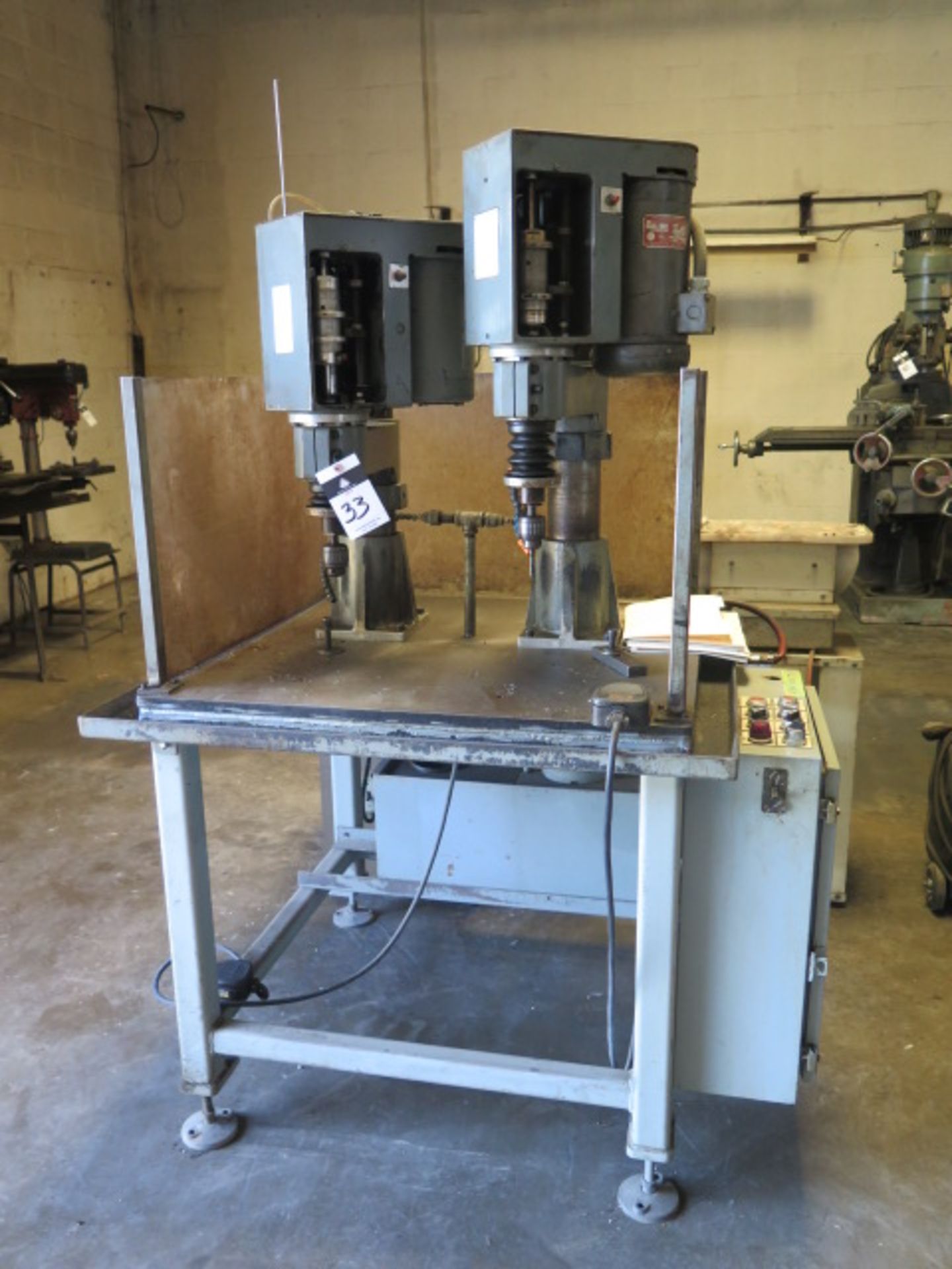 Dumore 2-Head Automatic Drilling/Tapping Machine w/ Dumore Pneumatic Heads, 17” x 36” Table
