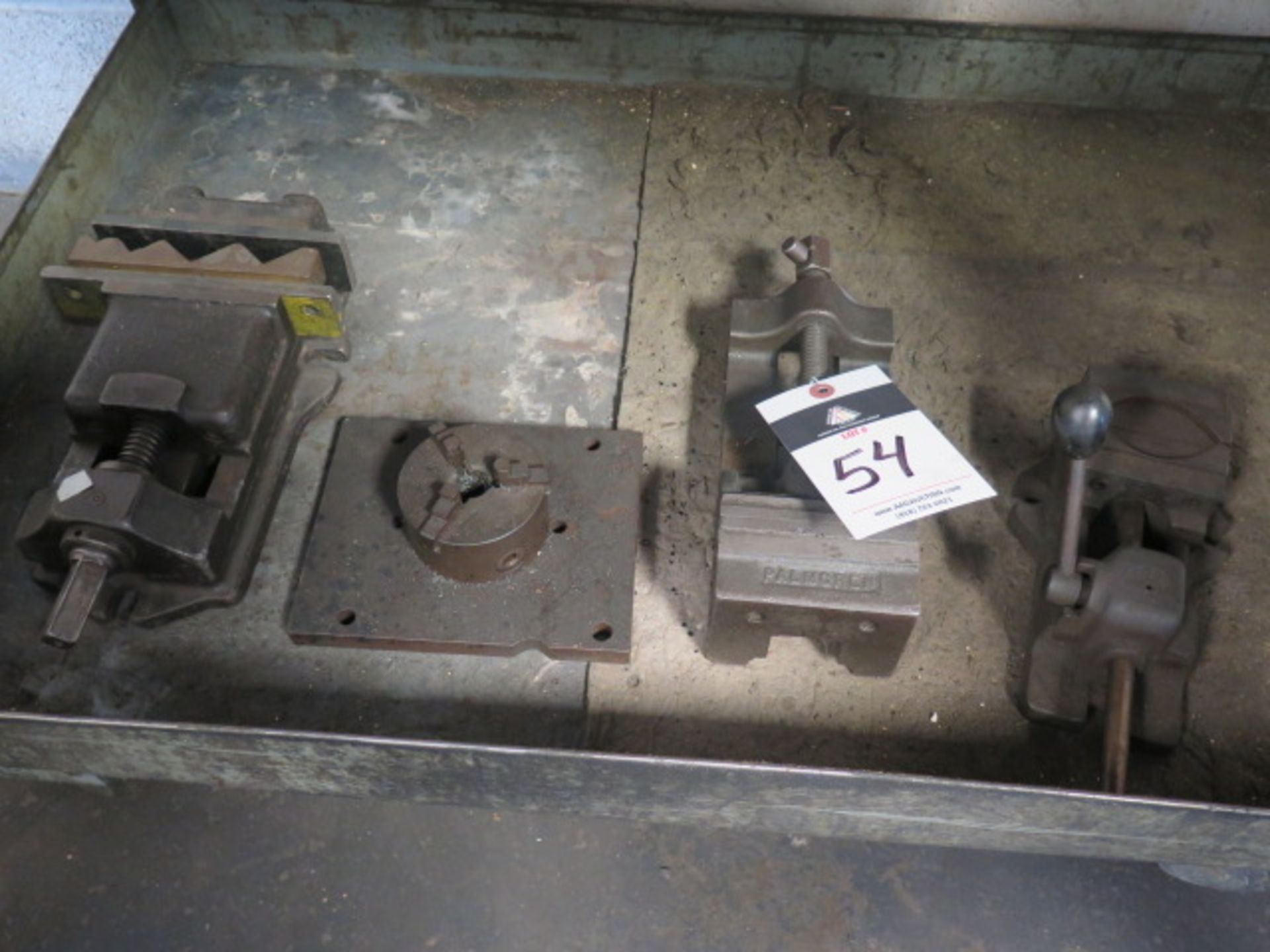 Machine Vises (3) and 4" 3-Jaw Chuck w/ Mounting Base.