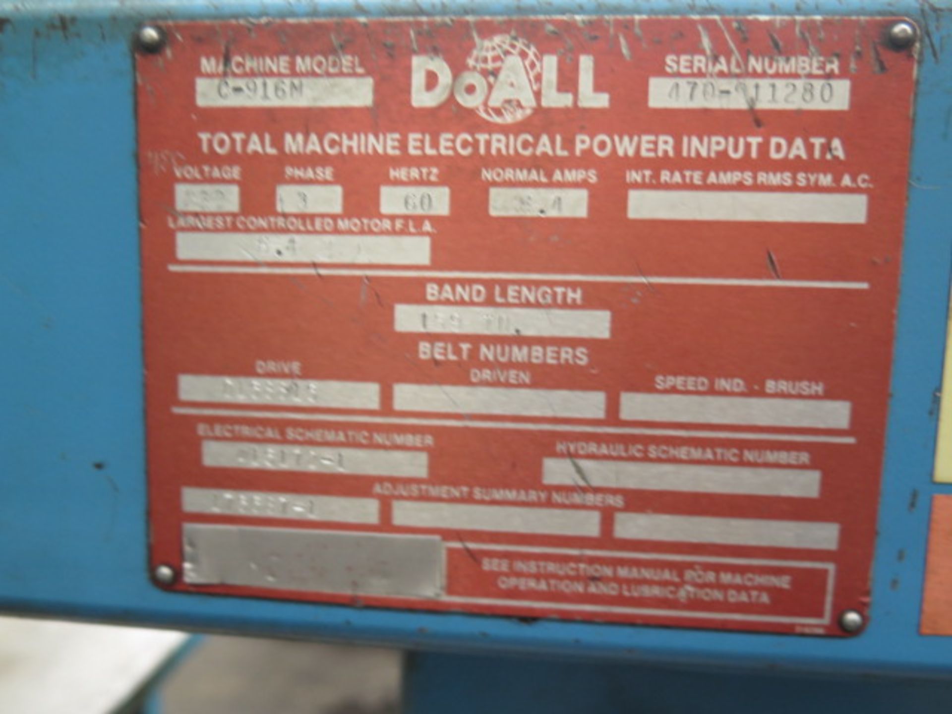 DoAll C-916M 9” Horizontal Band Saw s/n 470-911280 w/ DoAll Controls, Manual Clamping, Coolant, - Image 8 of 8