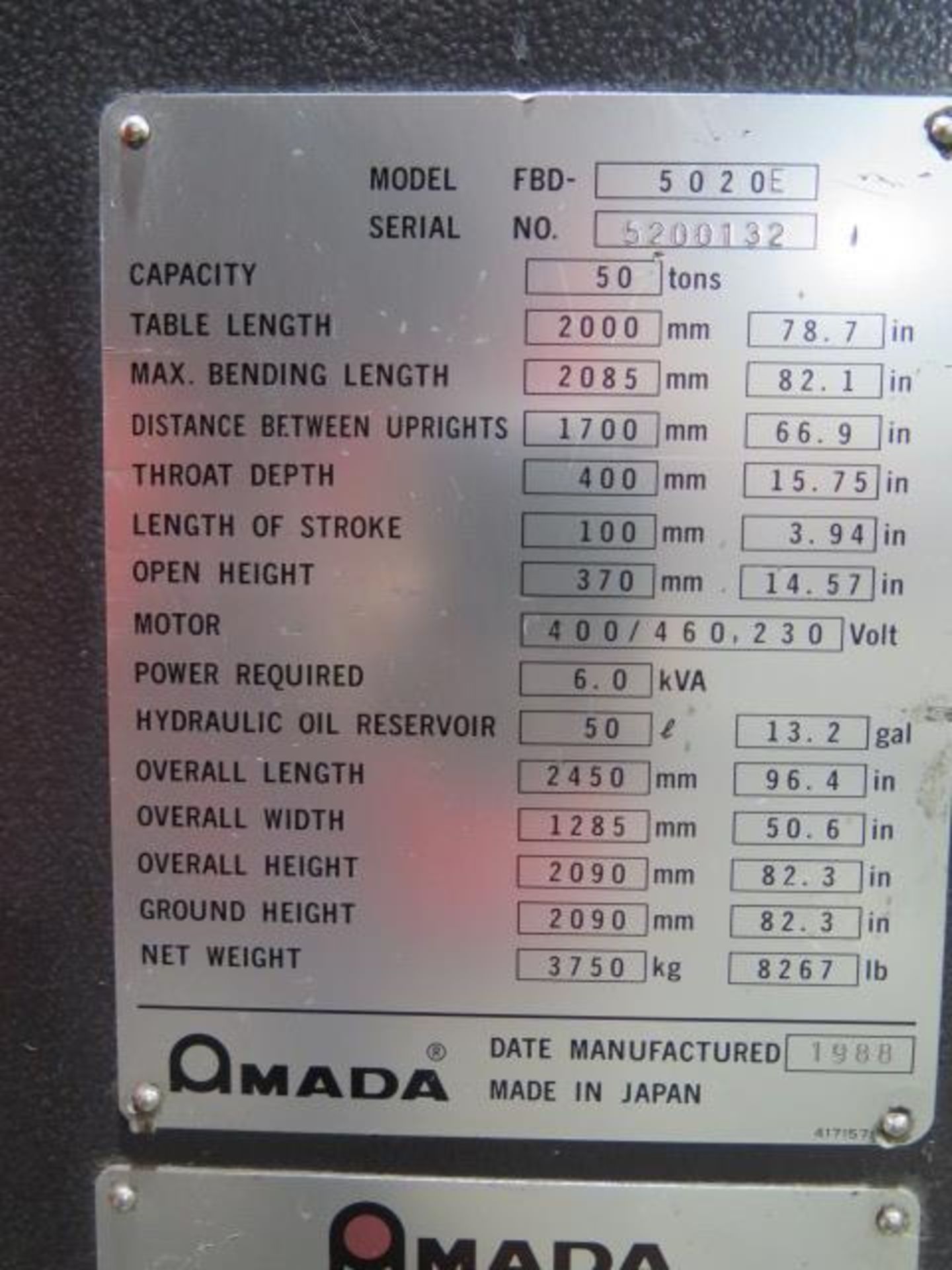 Amada RG-50D mdl. FBD-5020E 50 Ton x 78” CNC Press Brake s/n 5200132 w/ Amada NC9-EX Controls, 78.7” - Image 11 of 12