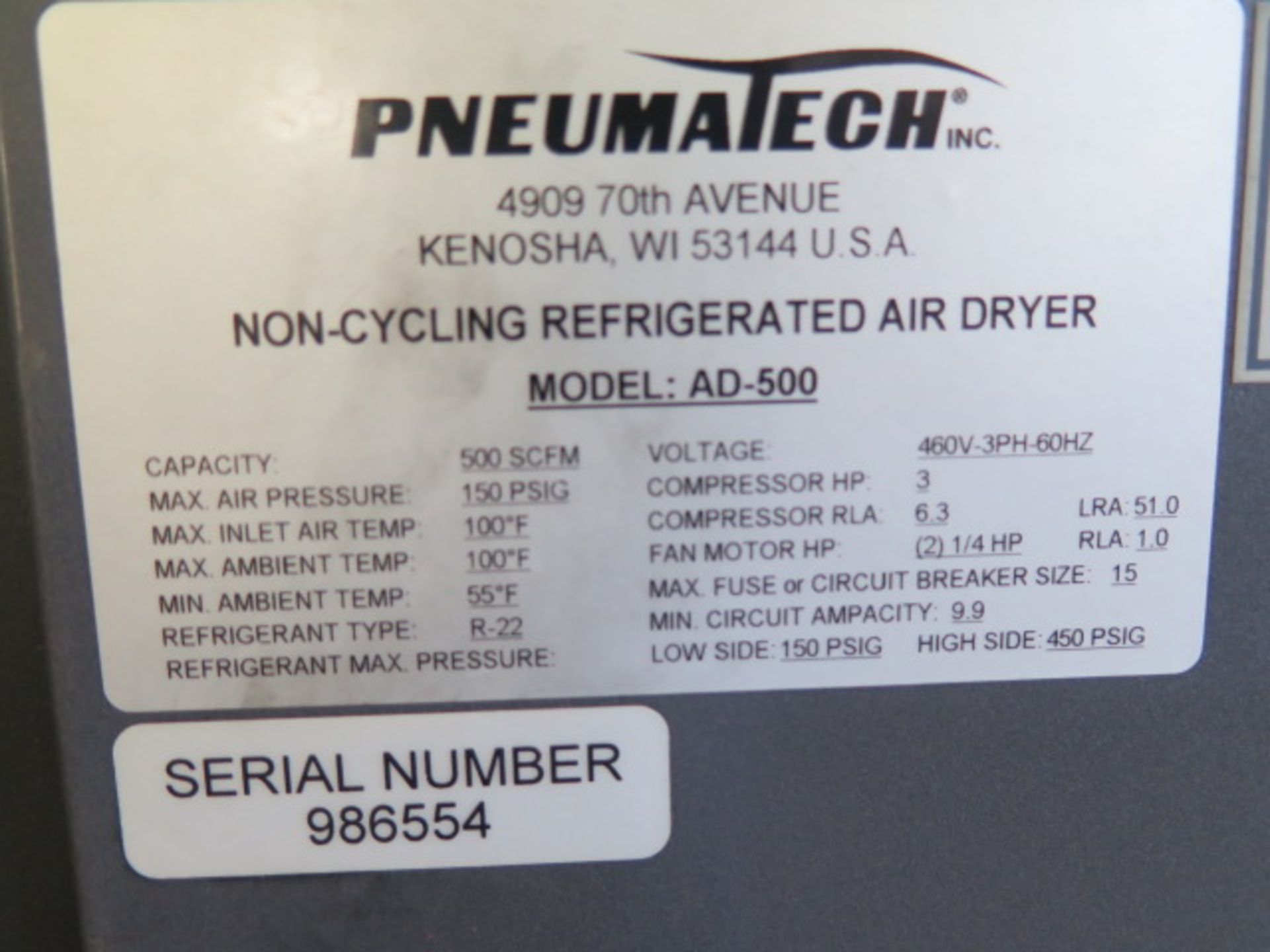 Pneumatech AD-500 Refrigerated Air Dryer s/n 986554 - Image 5 of 5