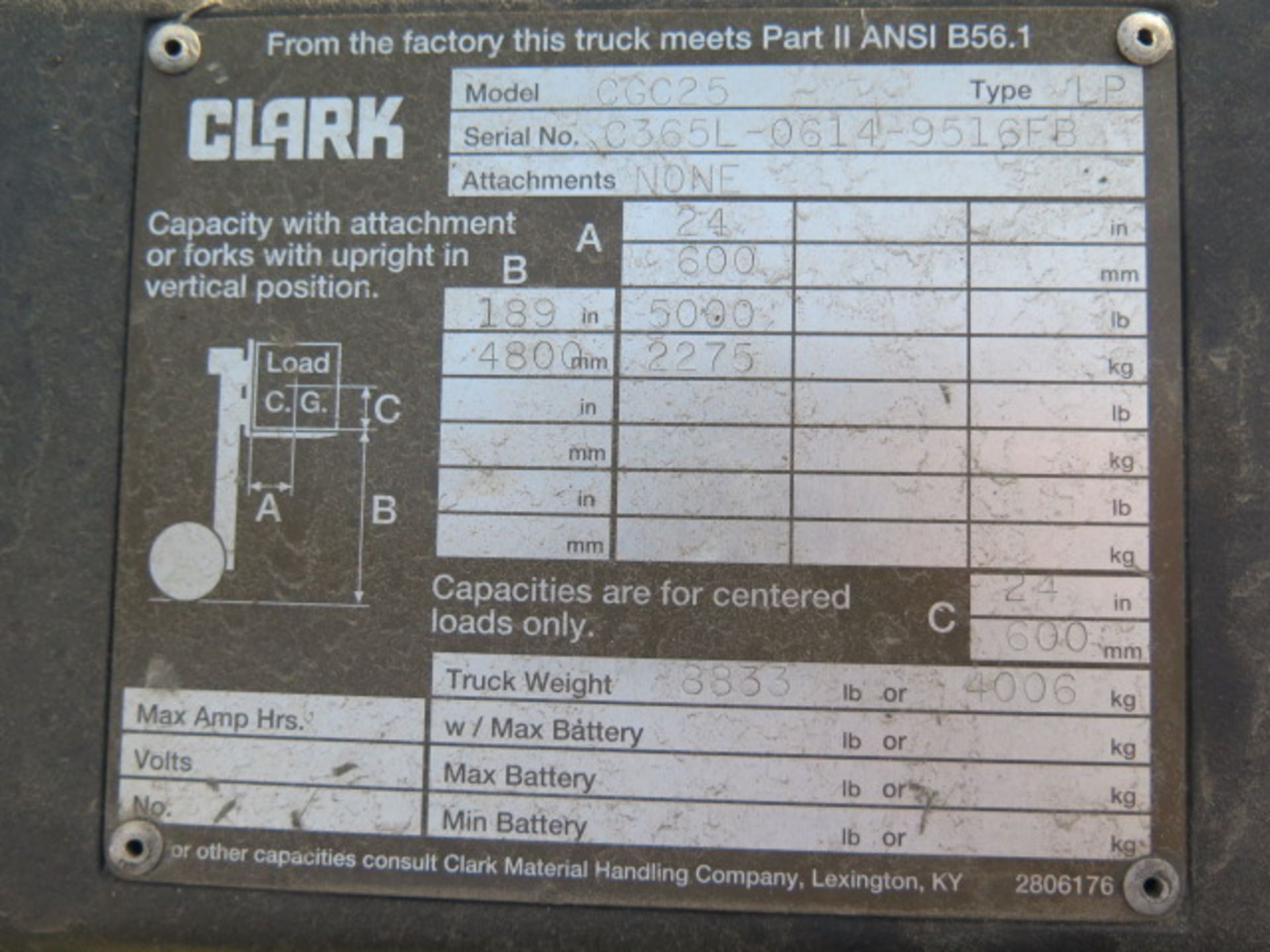 Clark CGC25 5000 Lb Cap LPG Forklift s/n C365L-0614-9516FB w/ 3-Stage Mast, 189” Lift Height, - Image 9 of 9