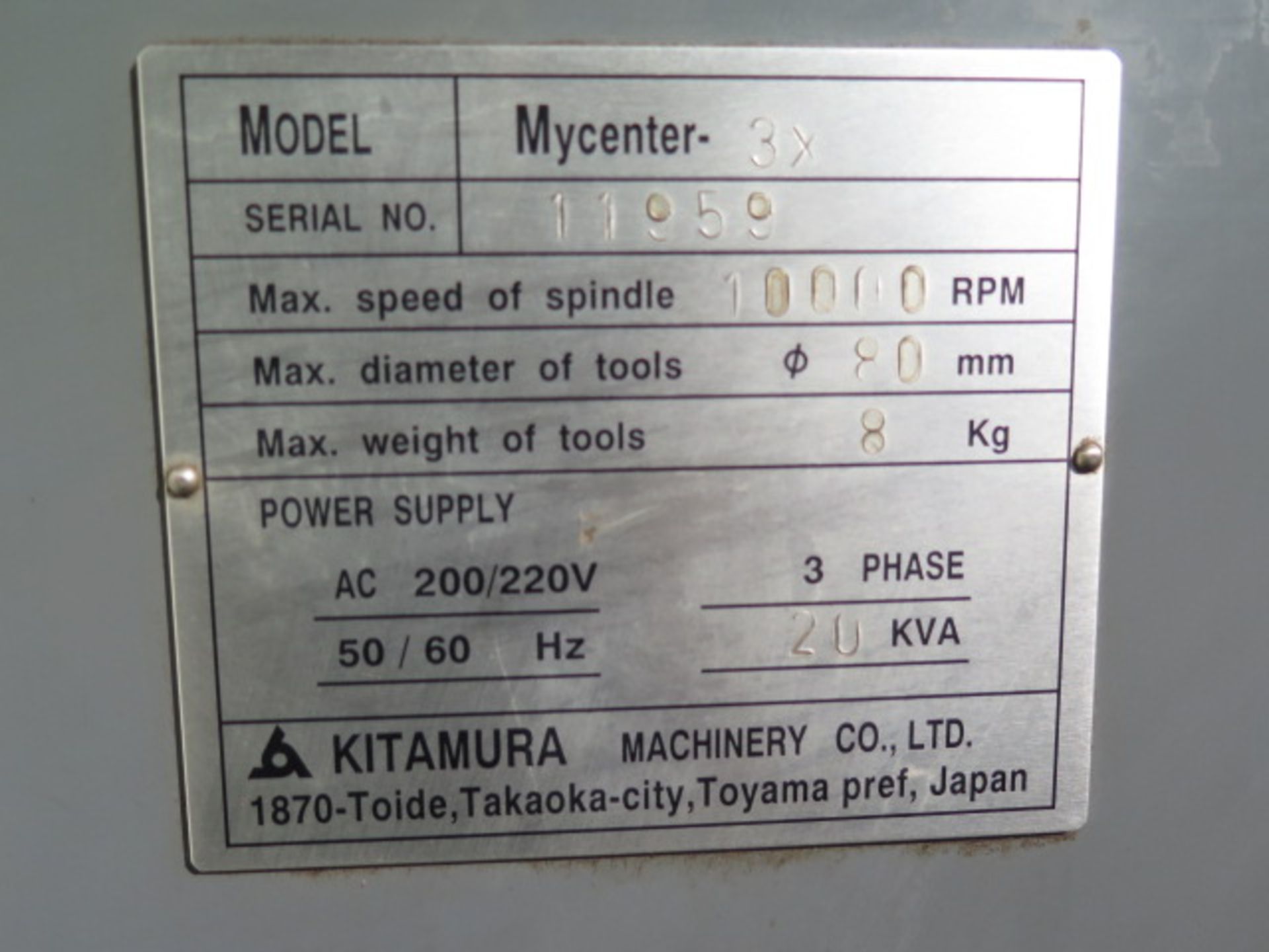 Kitamura Mycenter-3X CNC Vertical Machining Center s/n 11959 w/ Yasnac Controls, 20-Station ATC, - Image 13 of 13