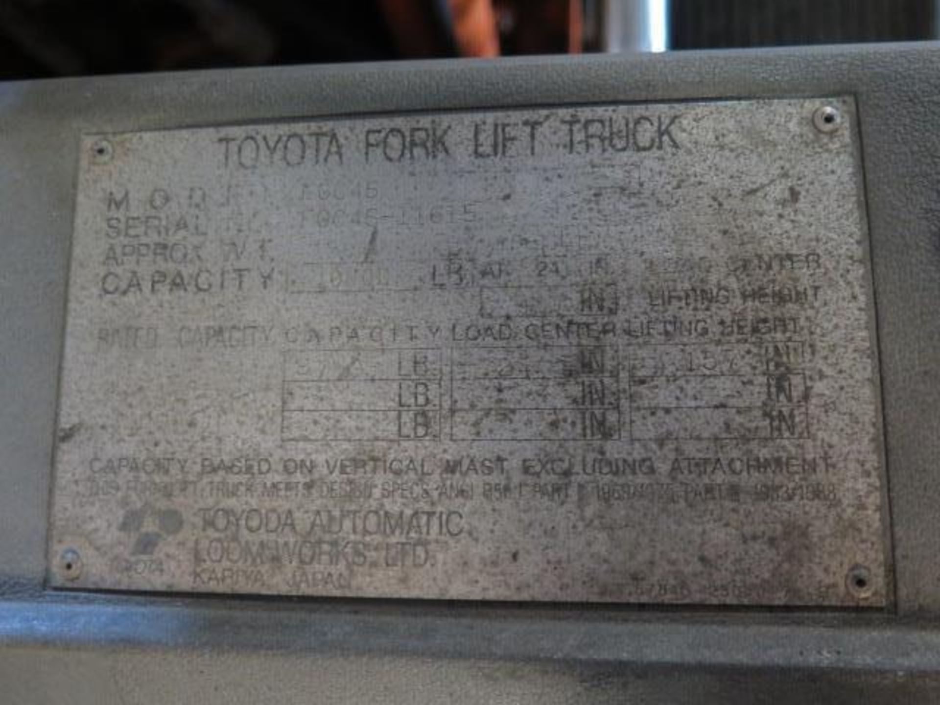 Toyota FGC45 10,000 Lb Cap LPG Forklift s/n FGC45-11615 w/ 3-Stage Mast, 157" Lift Height, Side - Image 10 of 10