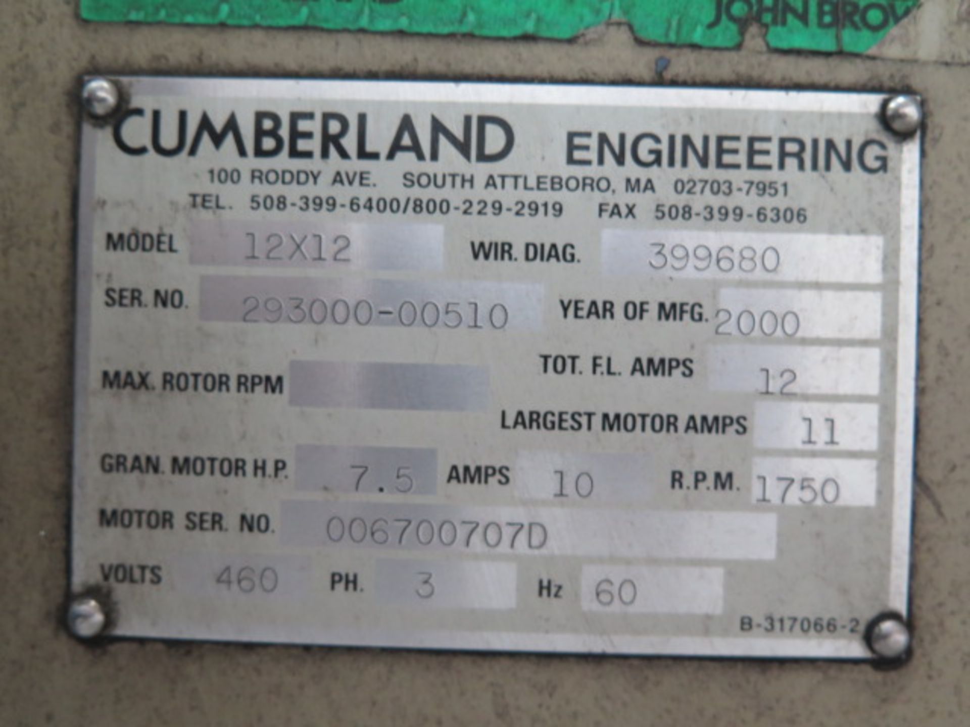 2000 Cumberland mdl. 12X12 12” Plastics Granulator s/n 293000-00510 - Image 5 of 5