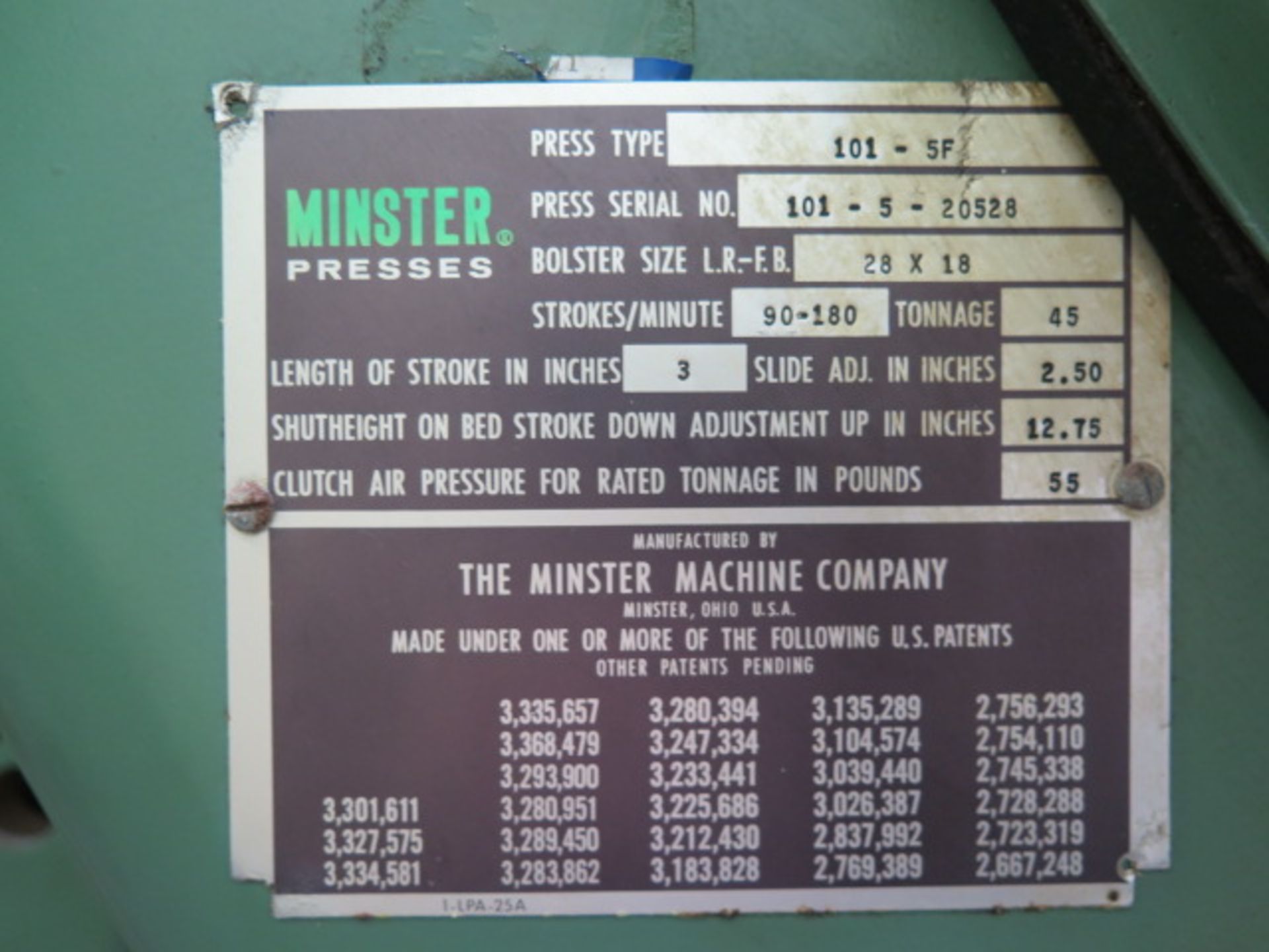Minster No.5 Type 101-5F 45-Ton OBI Stamping Press s/n 101-5-20528 w/ 3” Stroke, 2.5” Ram Adj., - Image 9 of 9