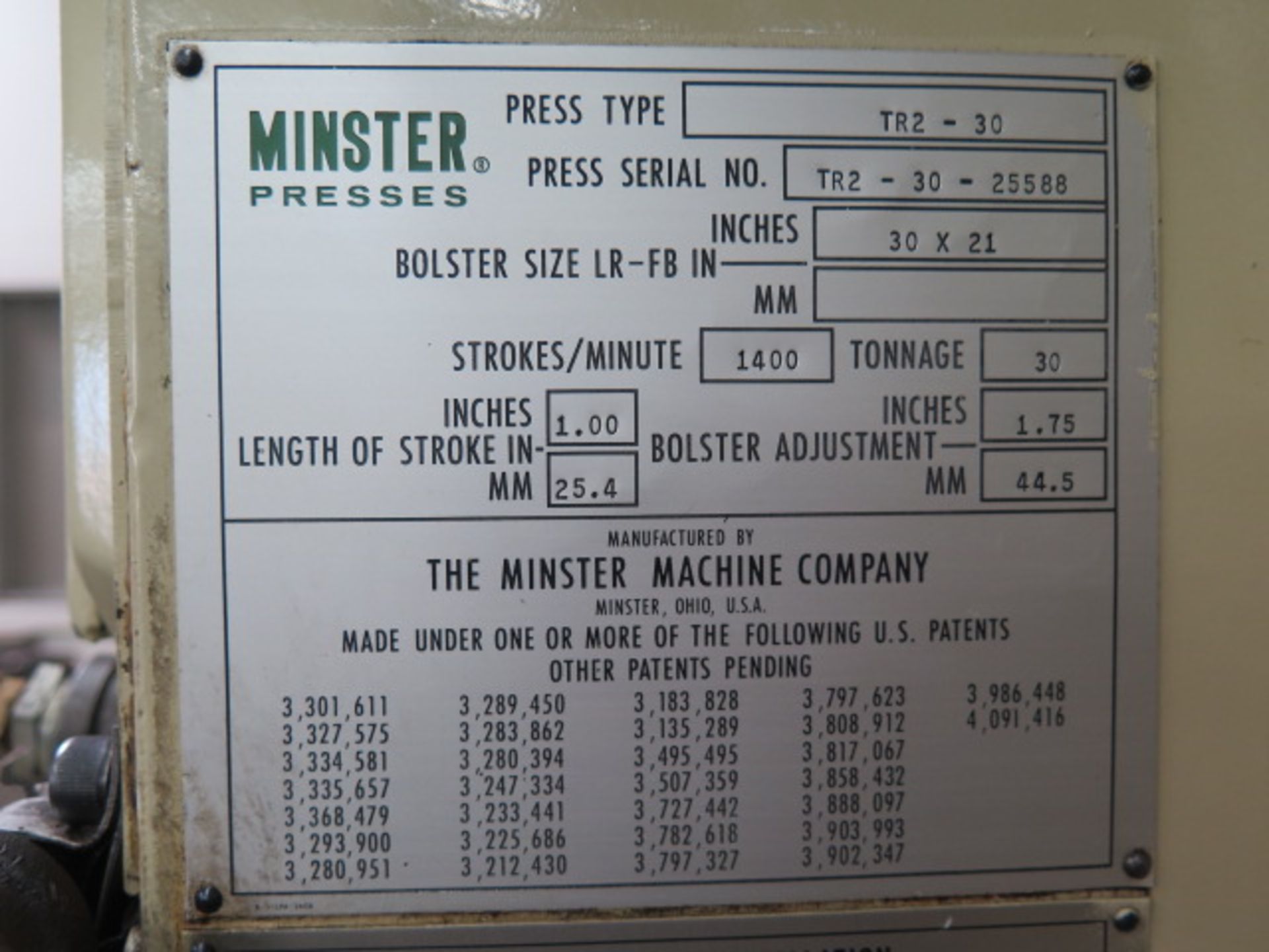 Minster Pulsar 30 type TR2-30 30-Ton High Speed Stamping Press s/n TR2-30-25588 w/ Minster Controls, - Image 14 of 14