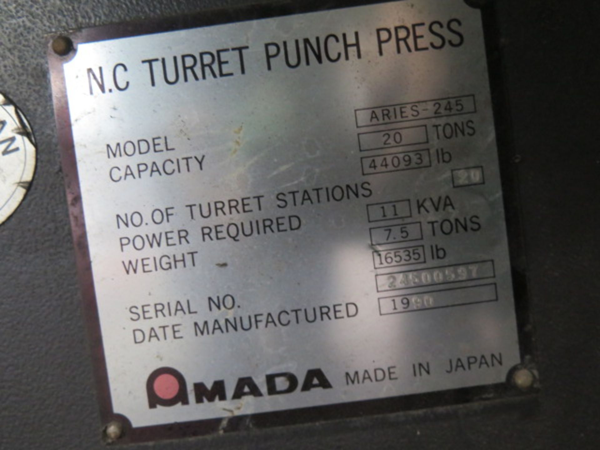 1990 Amada “Aries 245” 20-Ton 20-Station CNC Turret Punch Press s/n 24500597 w/ Amadan O4P-C - Image 10 of 10