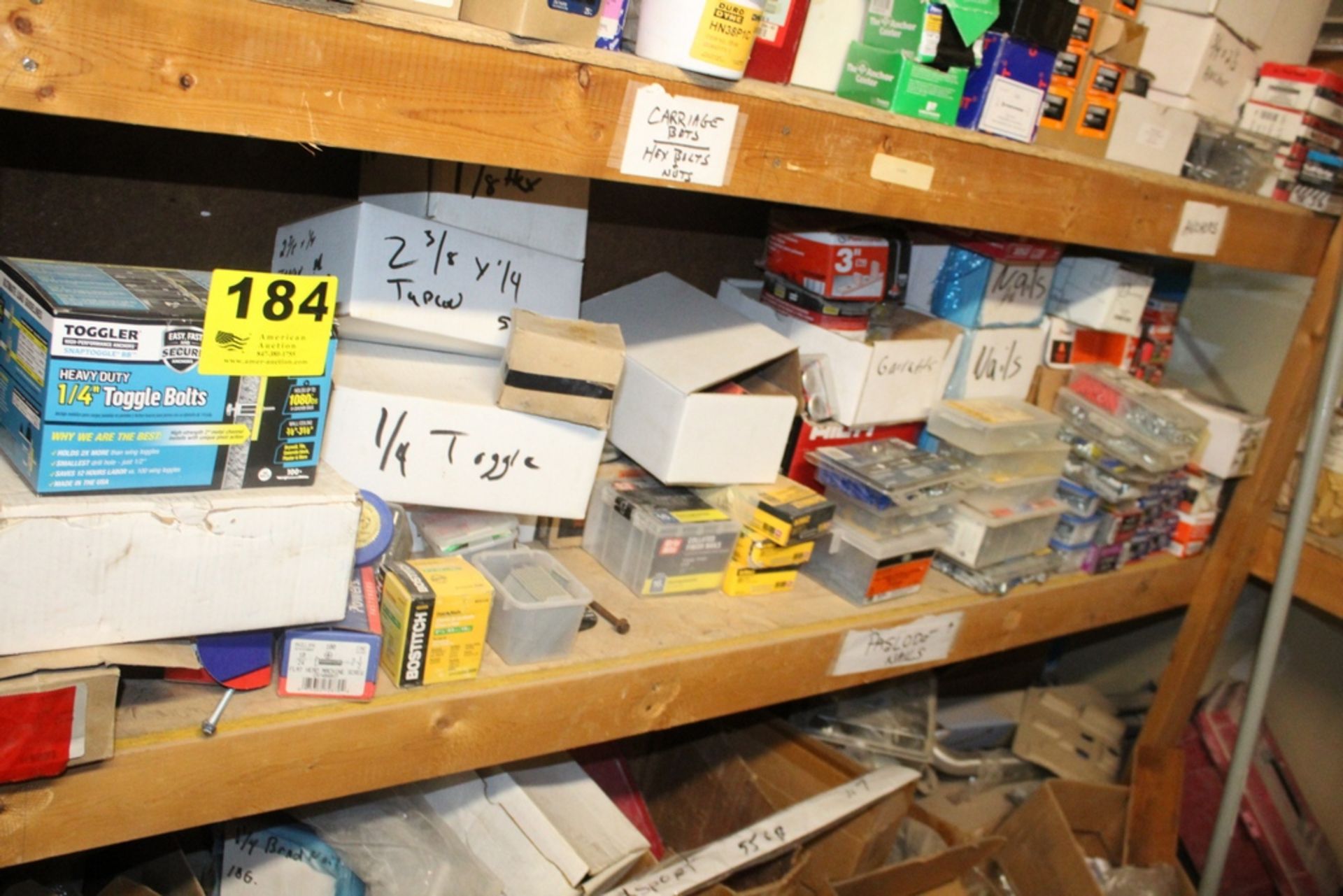 LARGE QUANTITY OF HARDWARE AND FASTENERS ON SHELF