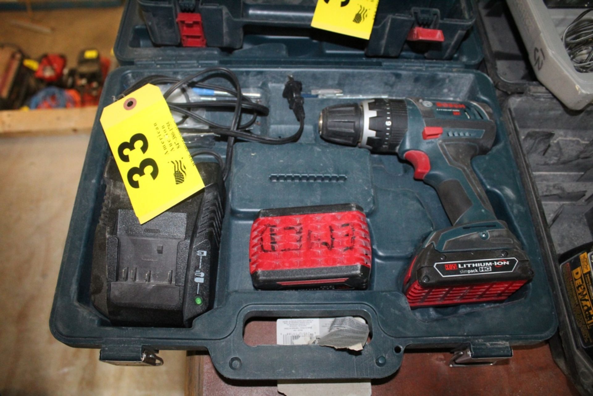 BOSCH MODEL 18V CORDLESS DRILL WITH BATTERY, CHARGER AND CASE