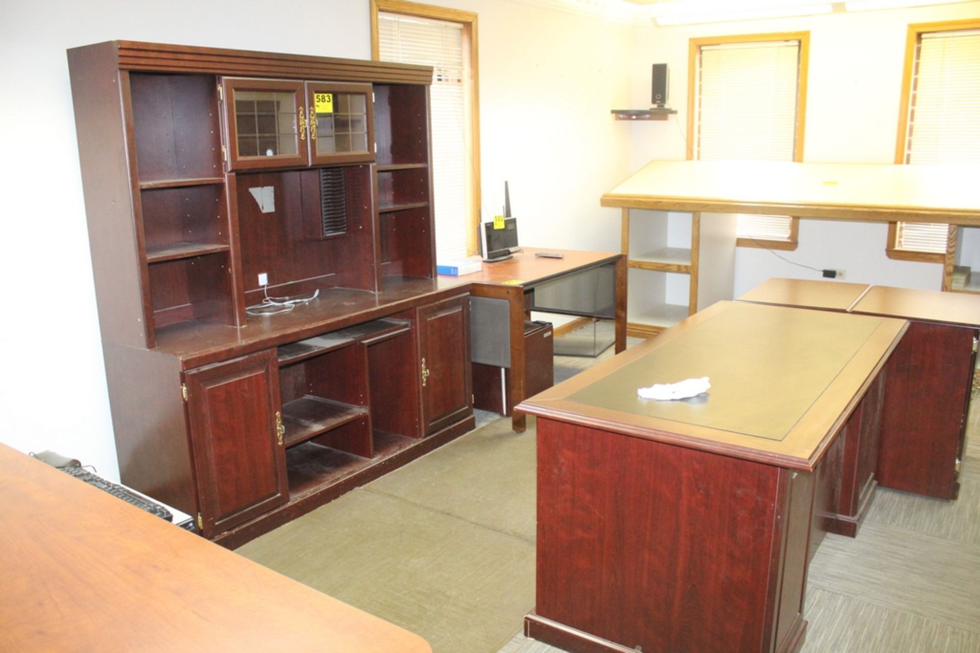 OFFICE SUITE INCLUDING DESK WITH CREDENZA, CABINET WITH HUTCH, (2) BOOKCASES AND TWO STORARGE