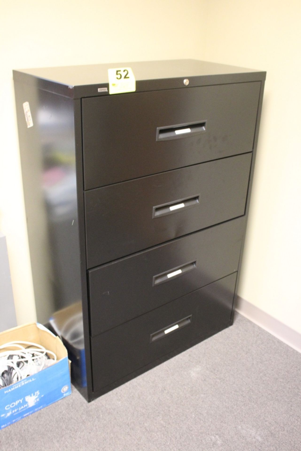 STAPLES FOUR DRAWER LATERAL FILE CABINET, 53" X 36" X 19"