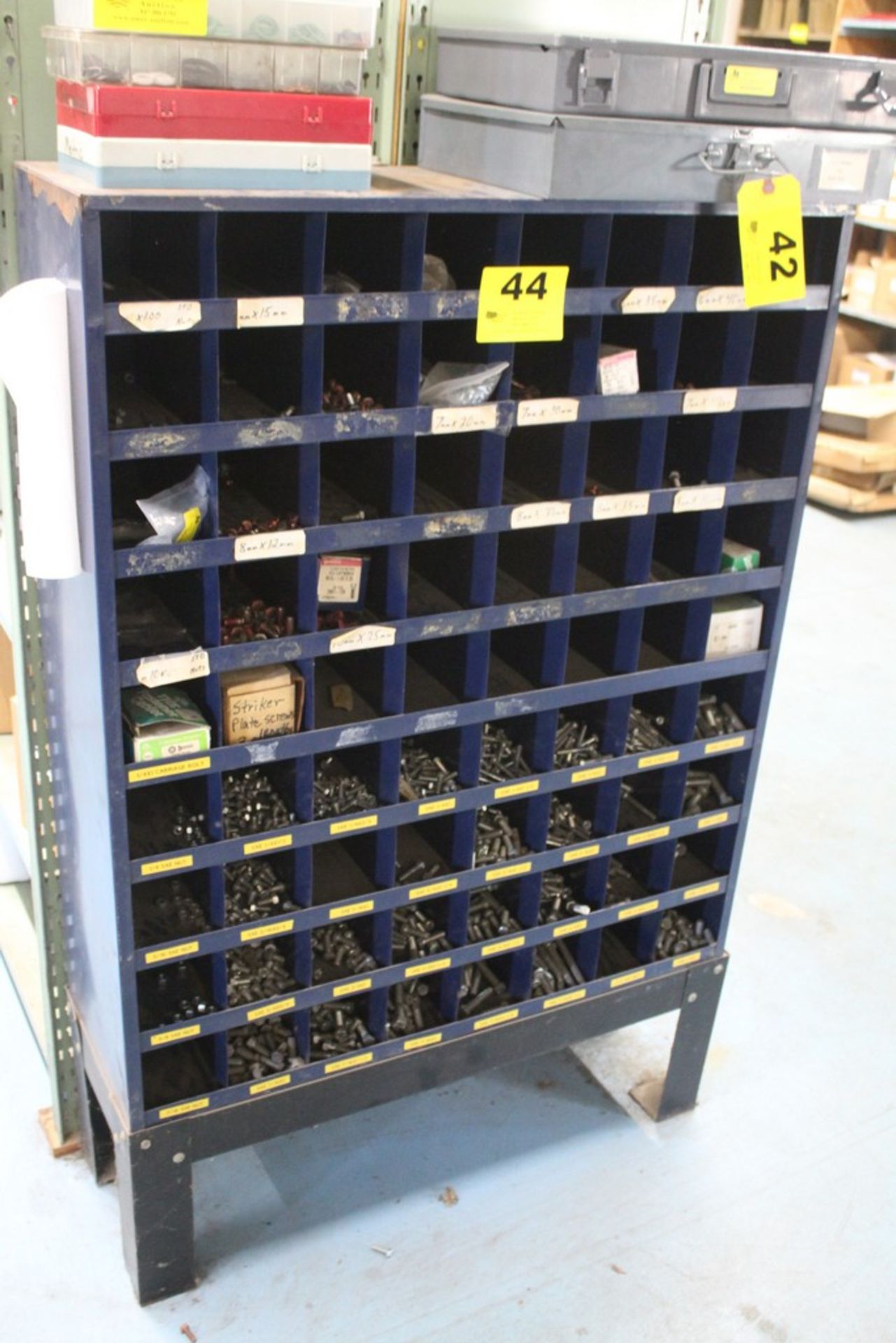 FASTENER RACK WITH 72 CUBBIES, WITH CONTENTS, 54" X 35" X 12"