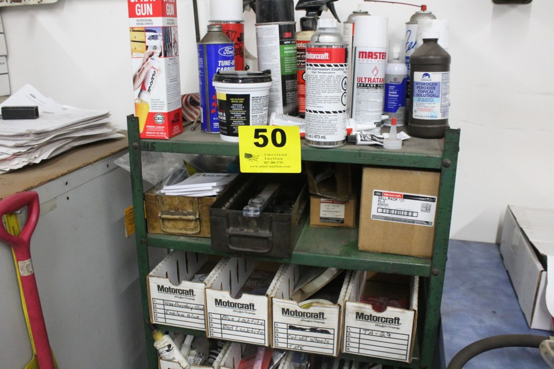 ASSORTED TUBES OF LOCK-TITE, THREAD SEALER, GLUES, SPRAYS, ETC, SHELVING UNIT INCLUDED - Image 2 of 3