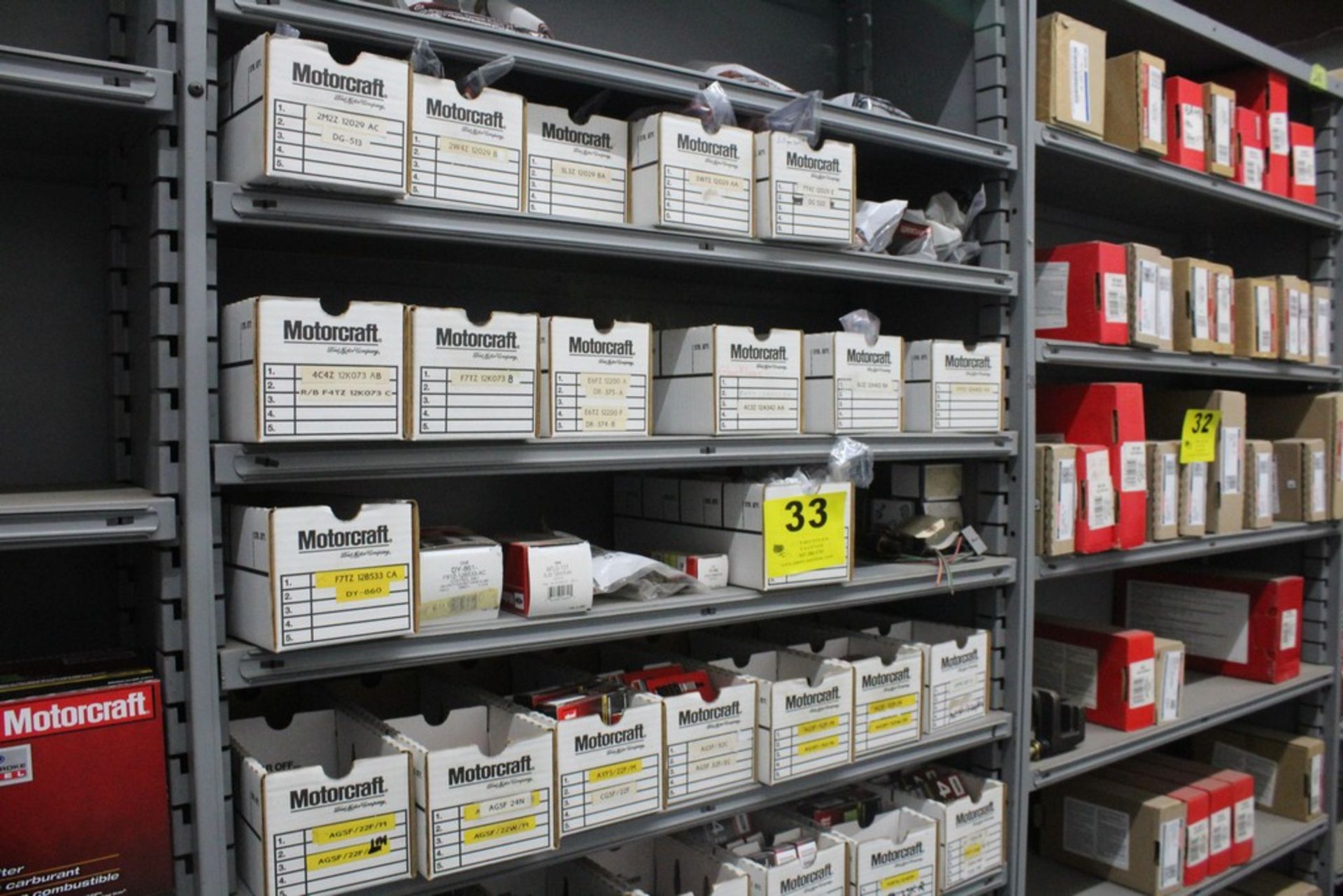 ASSORTED MOTORCRAFT FUEL FILTERS, SPARK PLUGS. COILS, SPARK PLUG WIRE, ETC. ON (8) SHELVES - Image 4 of 4