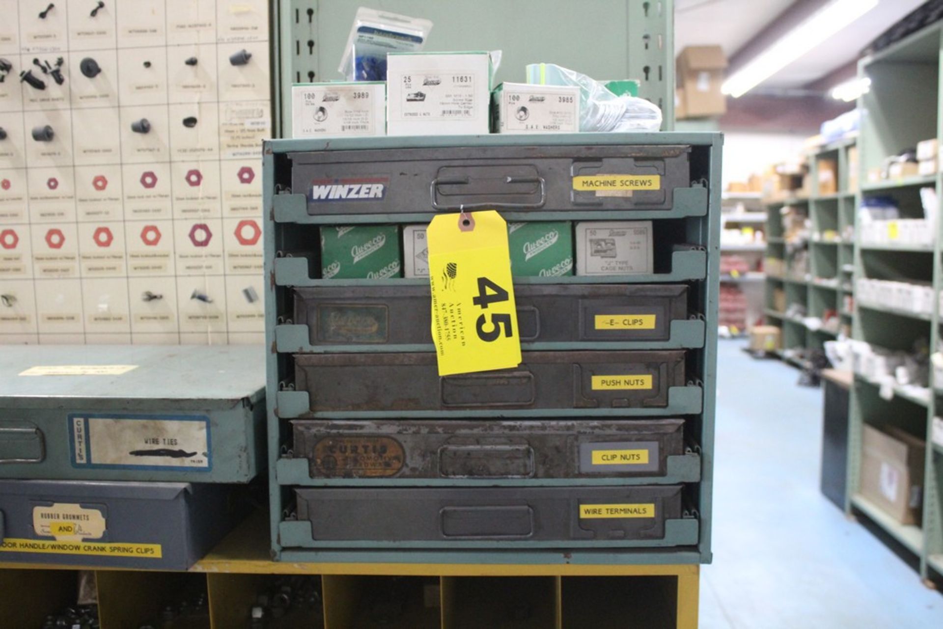 FIVE DRAWER PARTS RACK WITH WIRE TERMINALS, PUSH NUTS, E-CLIPS, ETC