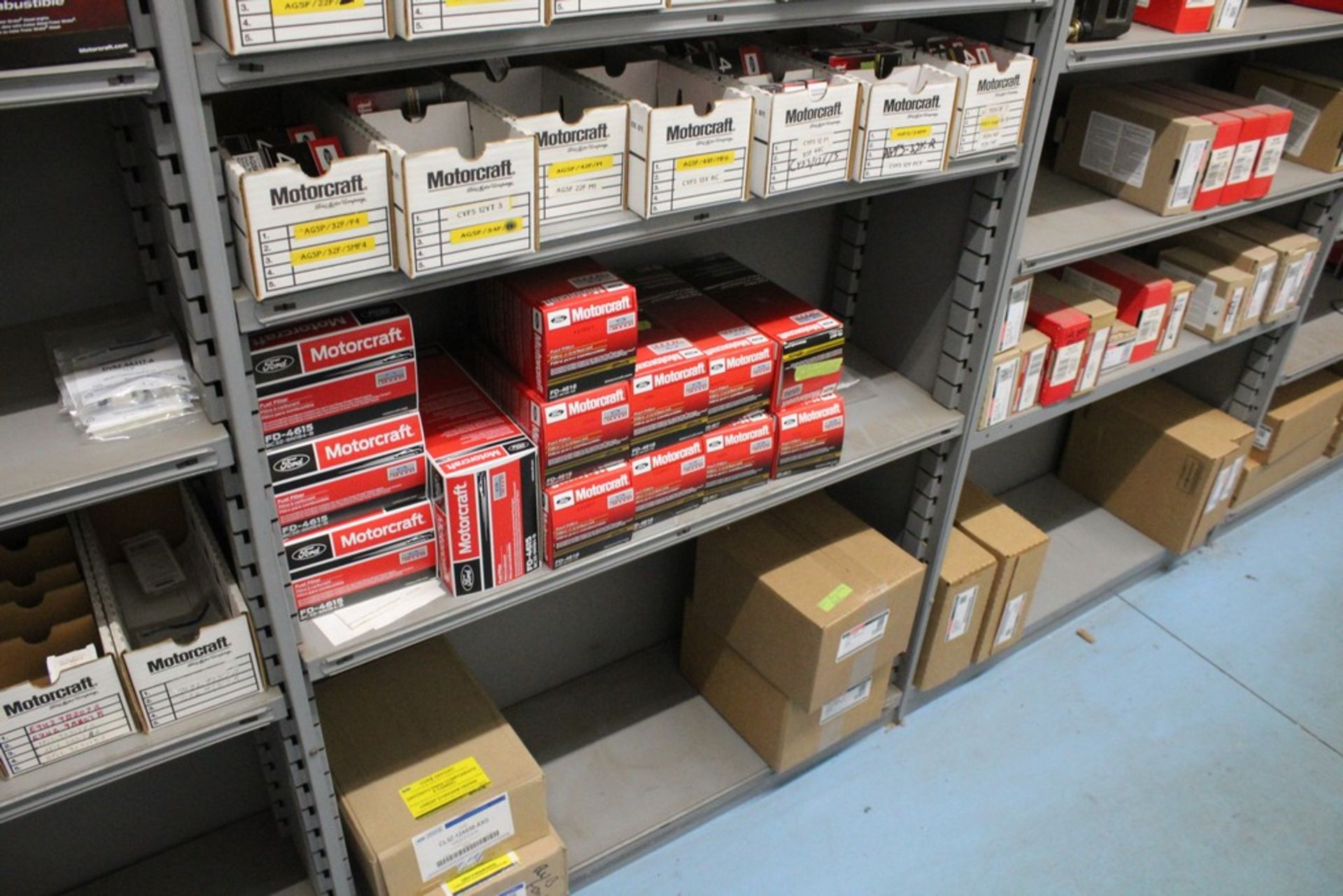 ASSORTED MOTORCRAFT FUEL FILTERS, SPARK PLUGS. COILS, SPARK PLUG WIRE, ETC. ON (8) SHELVES - Image 3 of 4