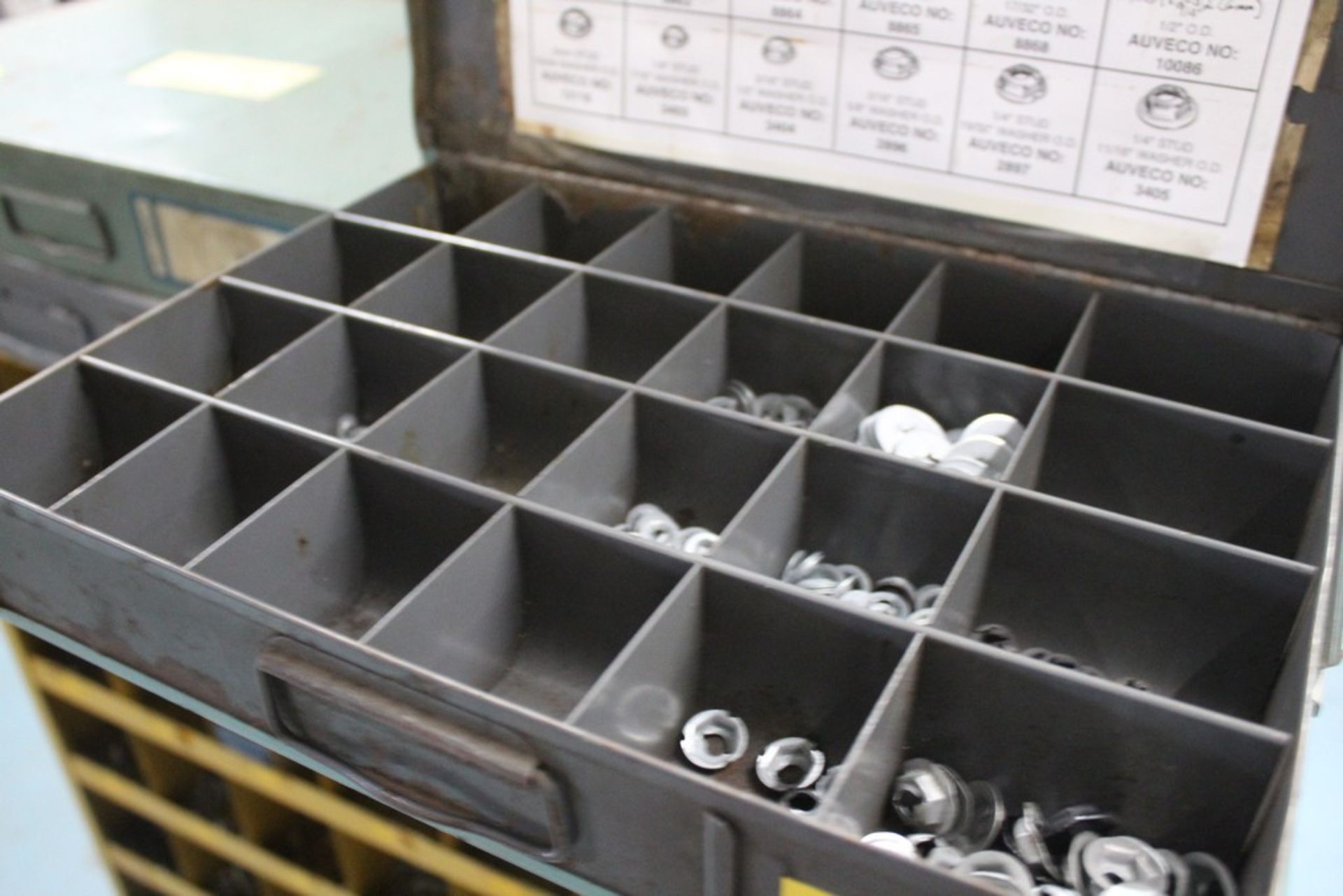 FIVE DRAWER PARTS RACK WITH WIRE TERMINALS, PUSH NUTS, E-CLIPS, ETC - Image 3 of 3