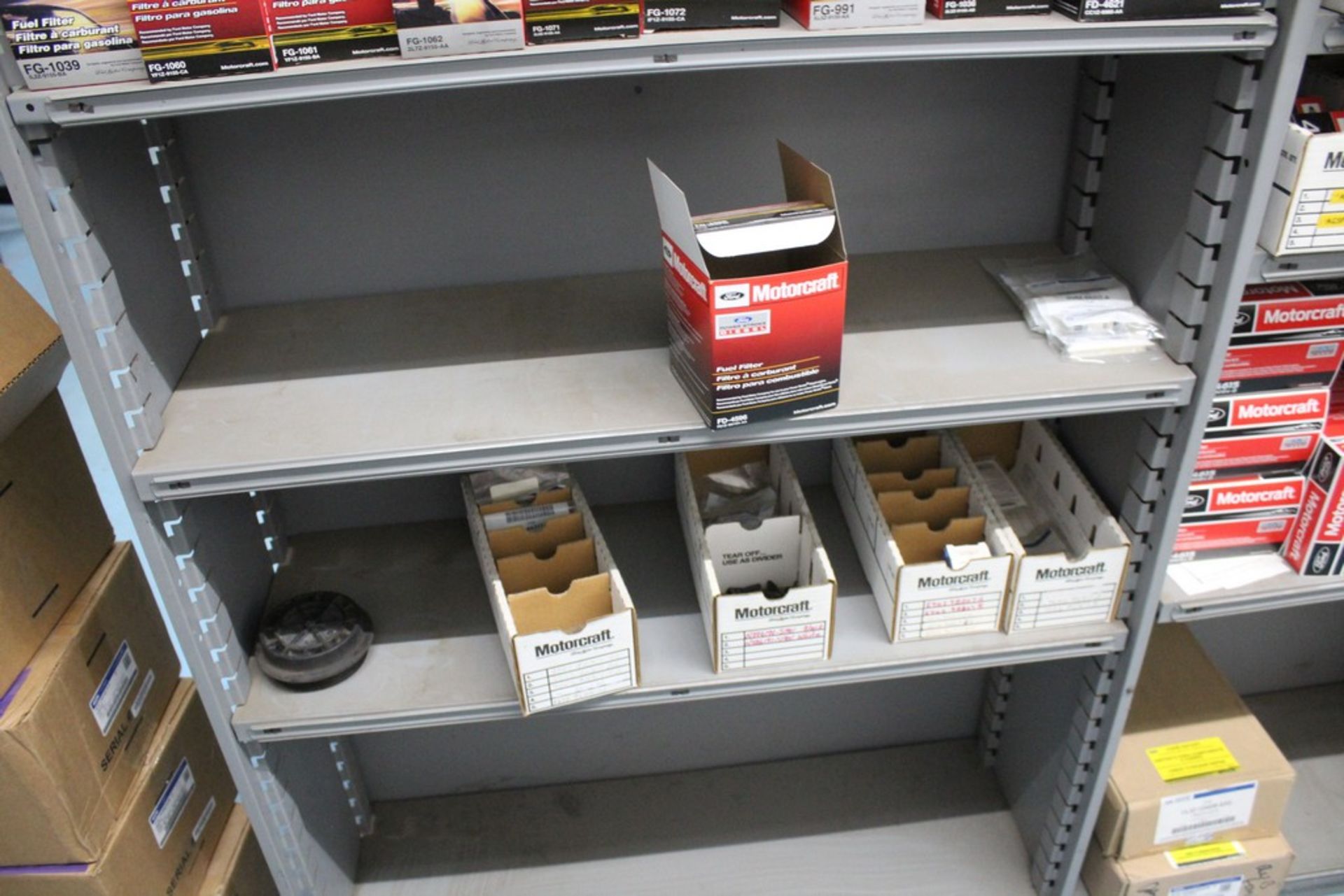 ASSORTED MOTORCRAFT FUEL FILTERS AND PARTS ON (4) SHELVES - Image 3 of 3