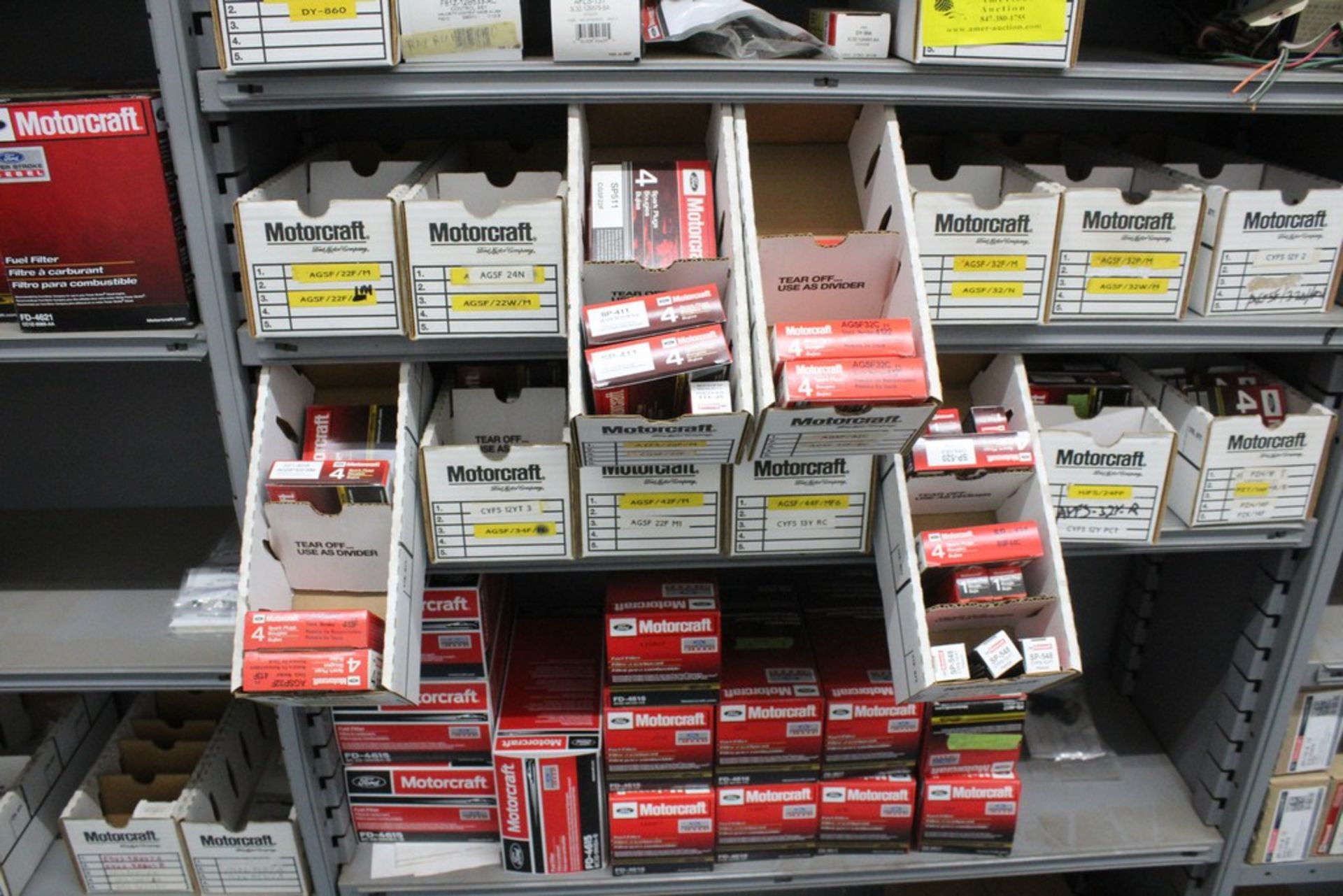 ASSORTED MOTORCRAFT FUEL FILTERS, SPARK PLUGS. COILS, SPARK PLUG WIRE, ETC. ON (8) SHELVES - Image 2 of 4