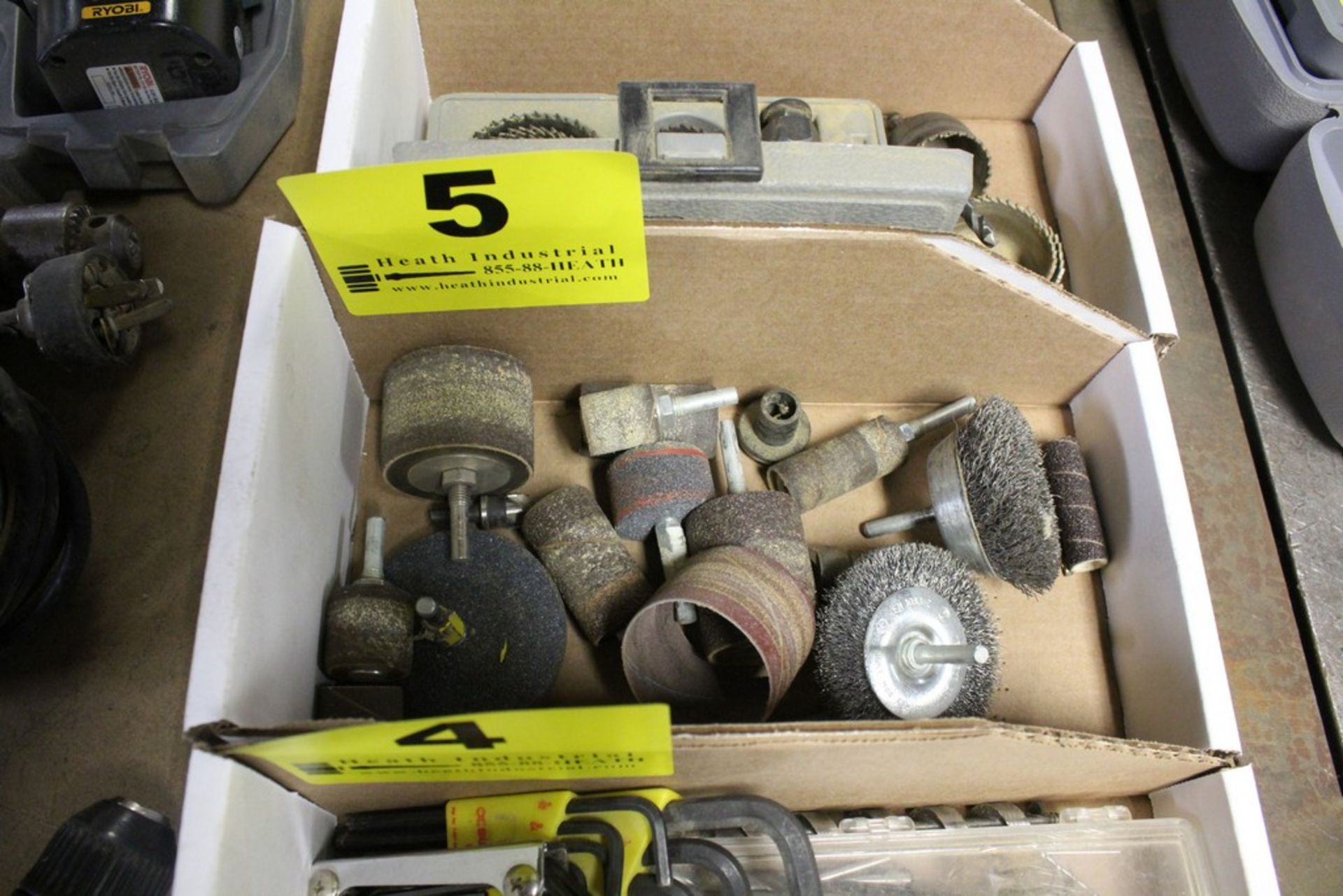 ASSORTED WIRE BRUSHES AND SANDING WHEELS FOR DRILL IN BOX