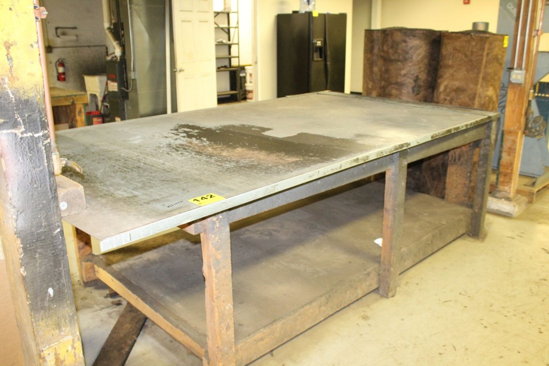 WOOD ASSEMBLY TABLE WITH STEEL TOP, 37"X 116" X 61"