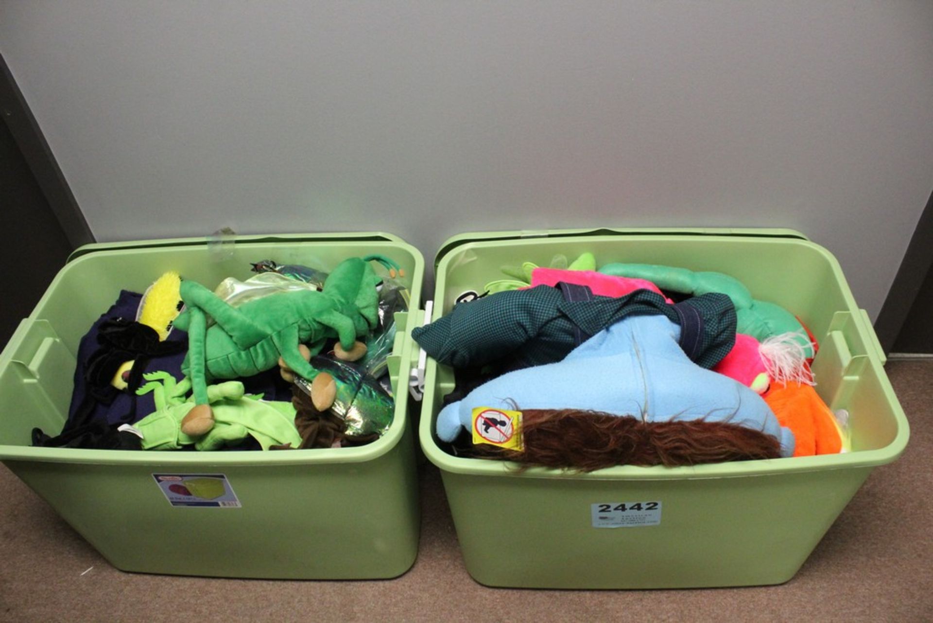 ASSORTED STUFFED ANIMAL DECORATIONS IN TWO BINS
