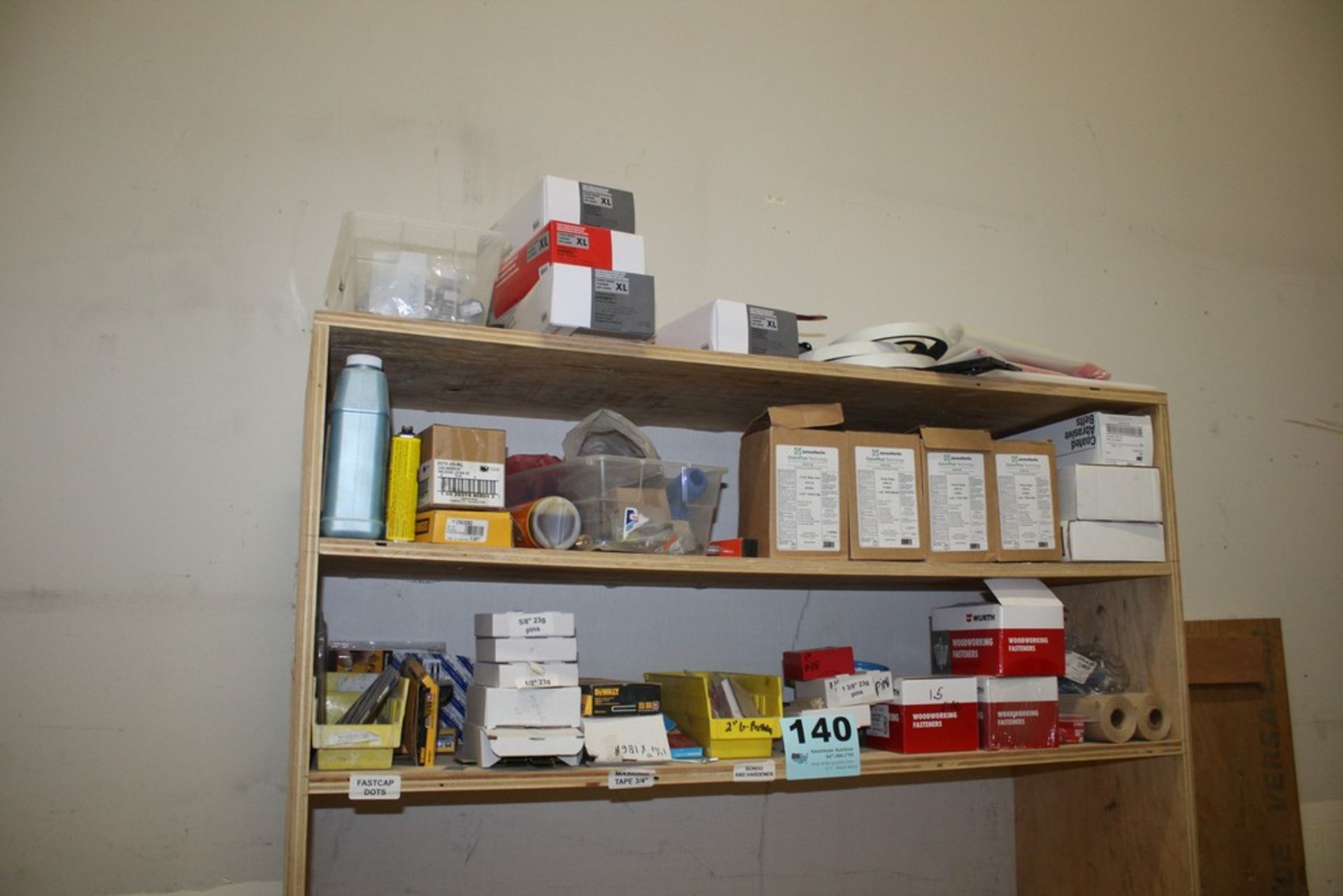 ASSORTED HARDWARE AND SUPPLIES ON 2 SHELVES AND TOP