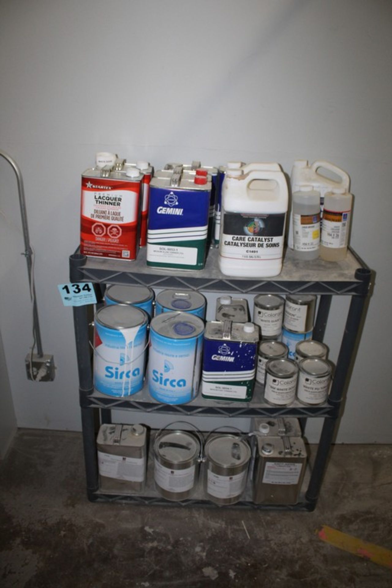 LARGE QTY OF PAINT AND CHEMICALS WITH SHELVING UNIT 34" X 14" X 41"